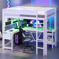 Merax Full Size Gaming Loft Bed with L Shape Desk, Storage Shelves, Sturdy Wood Loft Bunk Bed Frame with Charging Station and Lights, No Box Spring Needed, Space-Saving, Noise Free, White