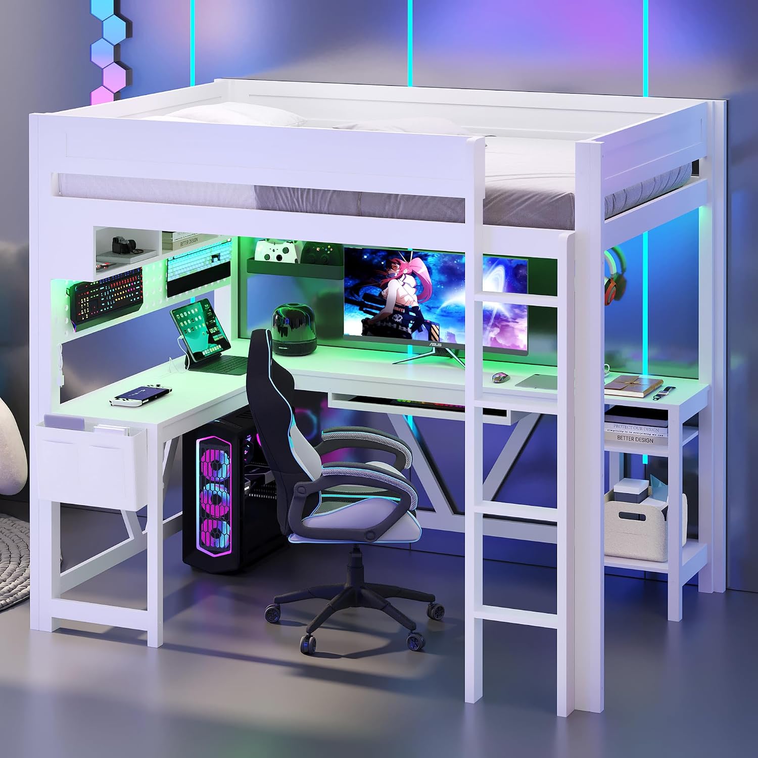 Merax Full Size Gaming Loft Bed with L Shape Desk, Storage Shelves, Sturdy Wood Loft Bunk Bed Frame with Charging Station and Lights, No Box Spring Needed, Space-Saving, Noise Free, White