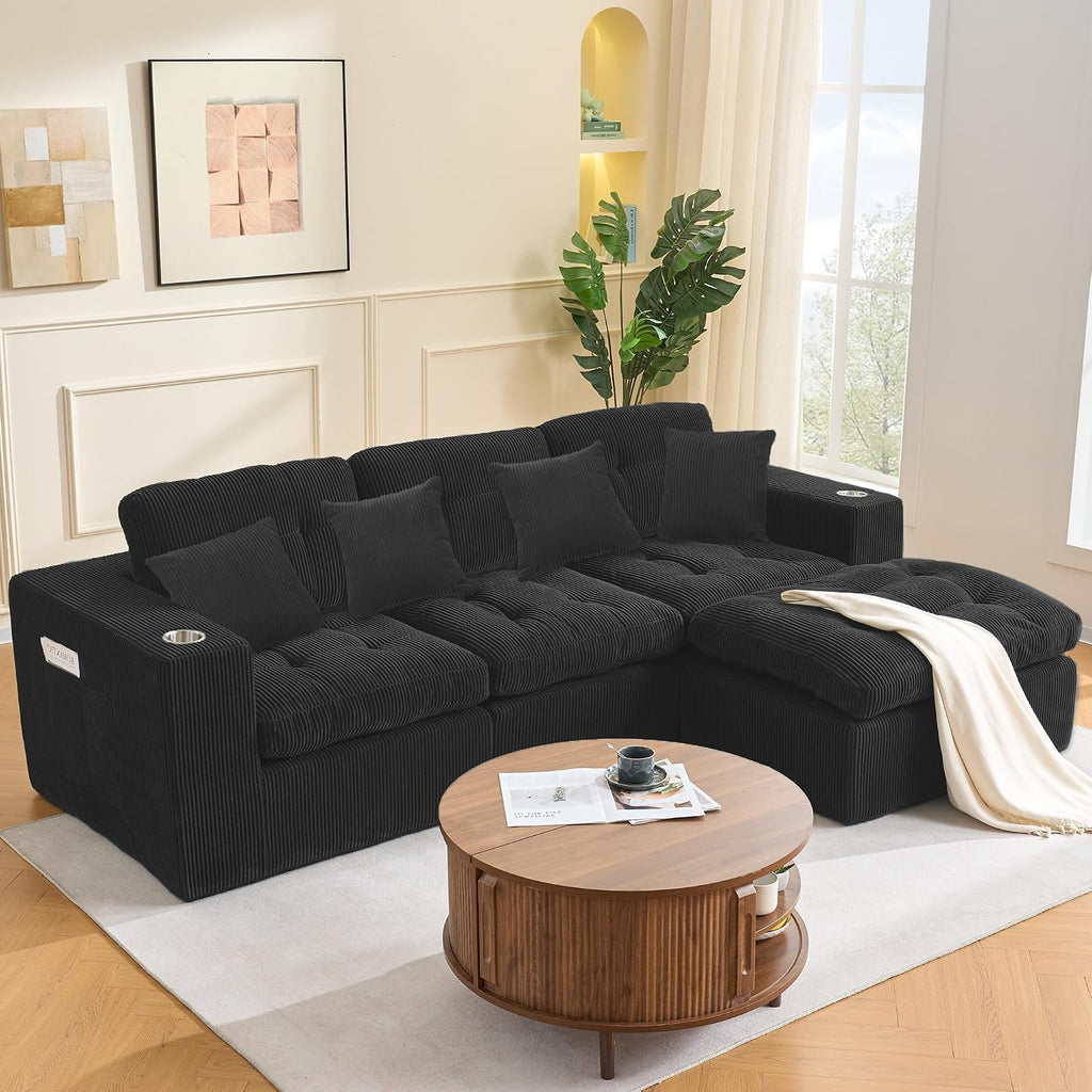 108 inch Boneless L Shaped Modular Sofa Bed, 50' Deep Seat Corduroy Sectional Couch with Ottoman No Assembly, 1400lbs Capacity Cloud Sleeper for Living Room Apartment (Matte Black)