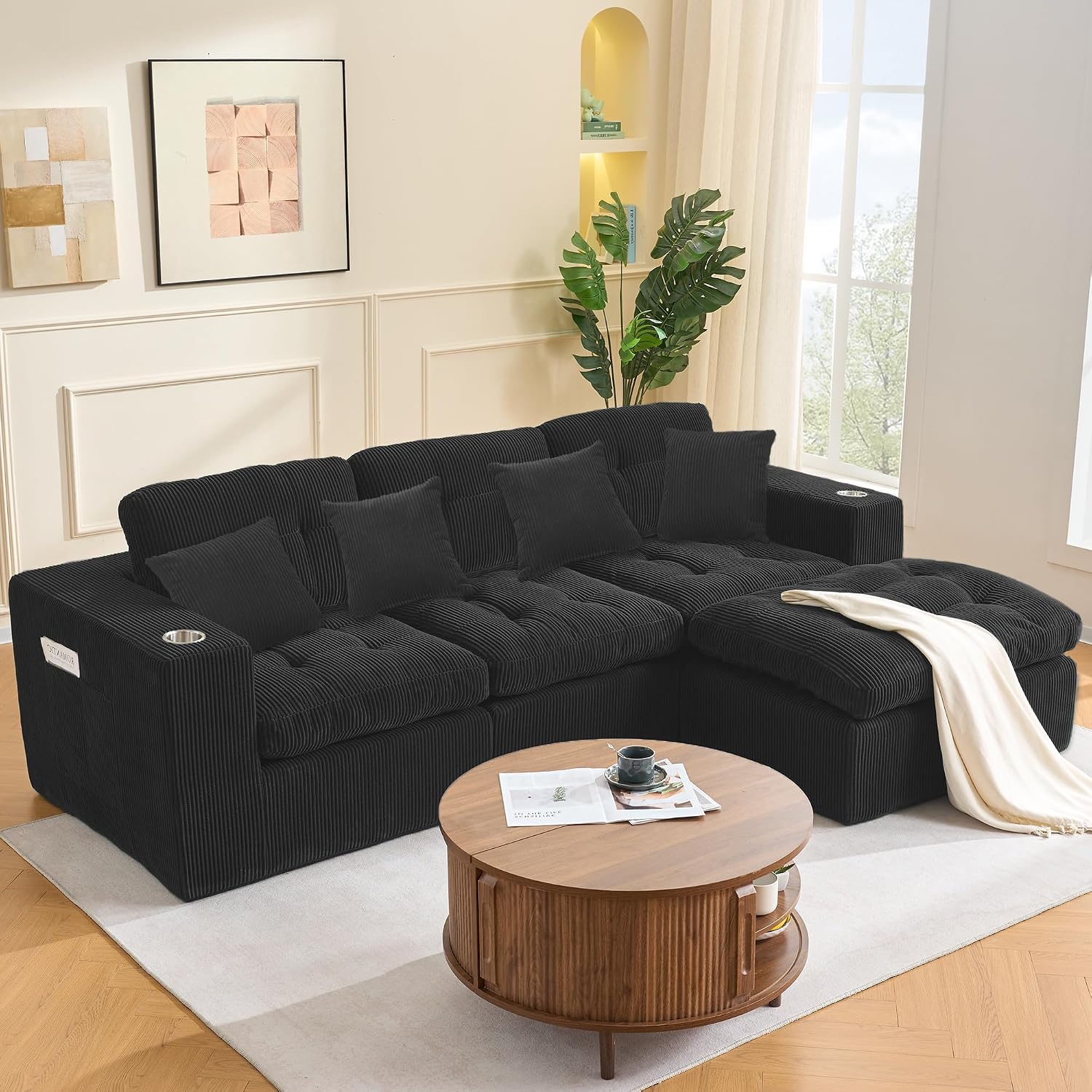 108 inch Boneless L Shaped Modular Sofa Bed, 50' Deep Seat Corduroy Sectional Couch with Ottoman No Assembly, 1400lbs Capacity Cloud Sleeper for Living Room Apartment (Matte Black)