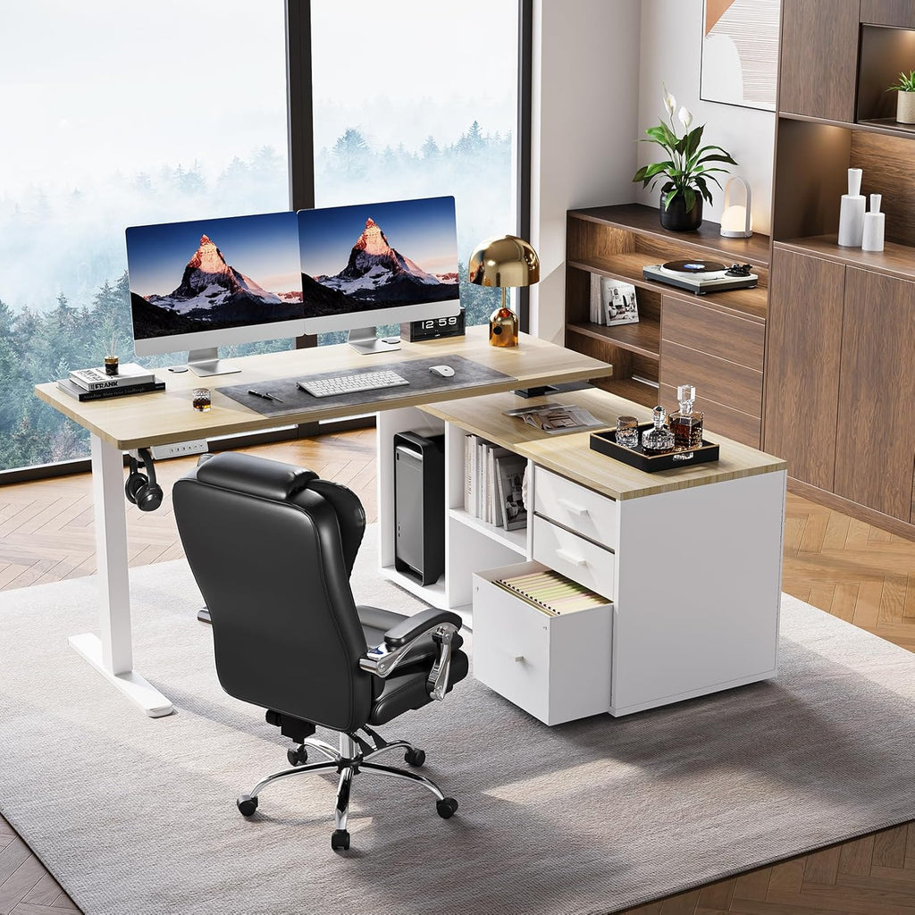 HUANUO L Shaped Standing Desk, Electric Executive Desk with Drawers, Adjustable Height Stand Up Desk, 55″ x 23.6″ One-Whole Piece Desktop, Computer Desk with 4 Memory Presets, Light Walnut