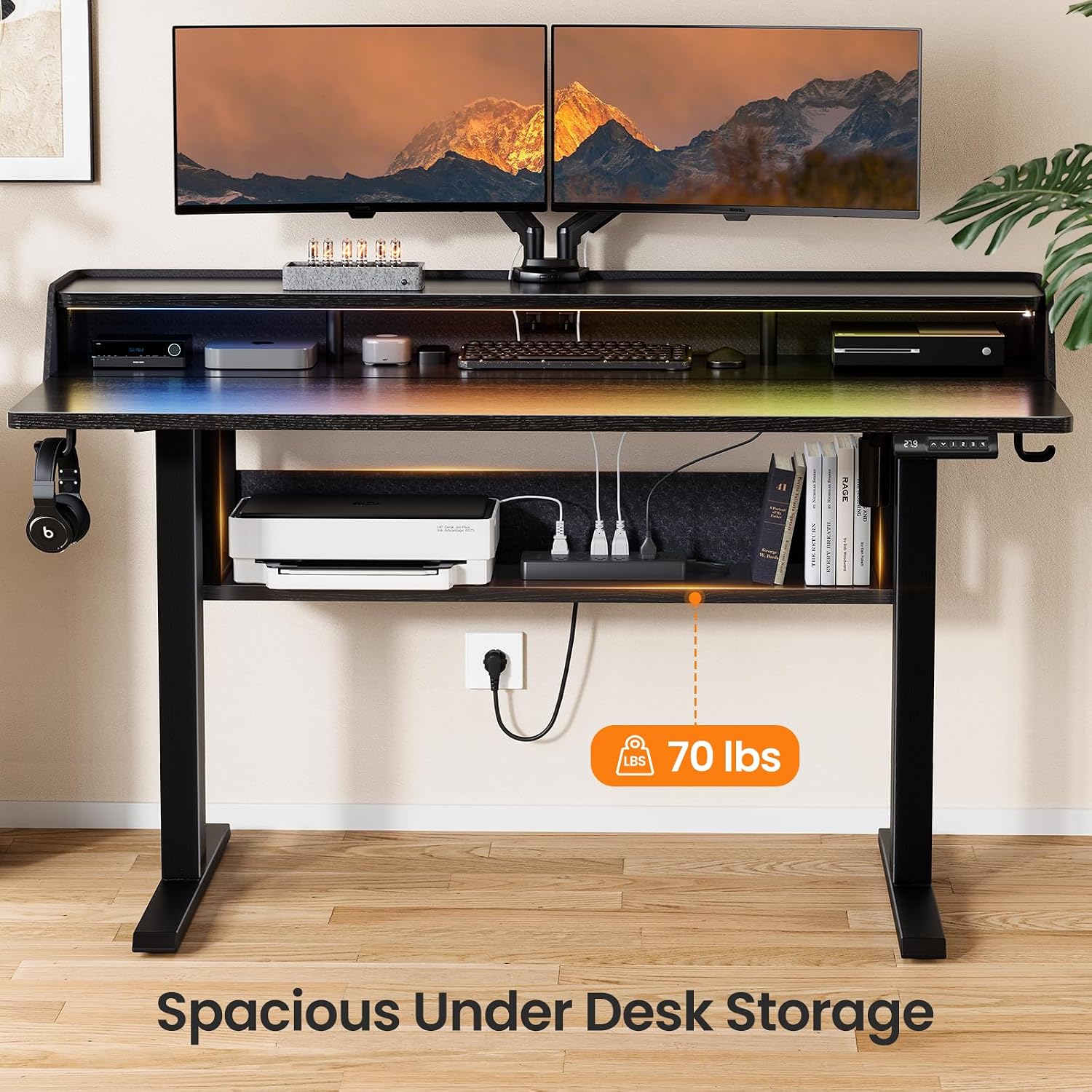 ErGear Electric Standing Desk, 55x28 Inch Adjustable Sit Stand Desk with Bookshelf & Monitor Stand, Standing Gaming Desk with LED Light Strip, Stand Up Desk for Home Office, Black