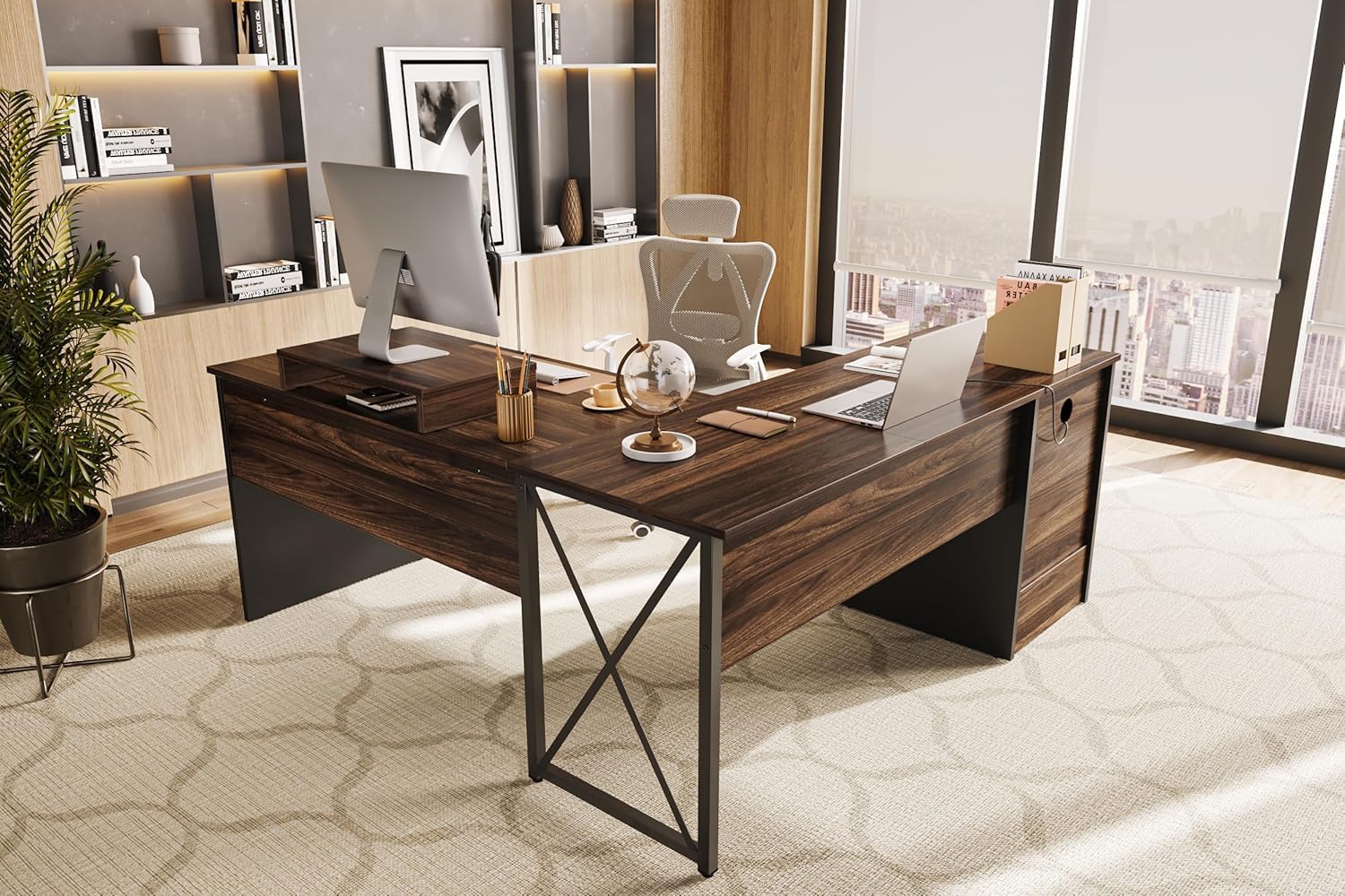 Bestier L Shaped Standing Desk with Lift Top, 55' x 55' Standing Corner Desk for Home Office, Computer Desk with Reversible File Drawer and Monitor Stand, Walnut