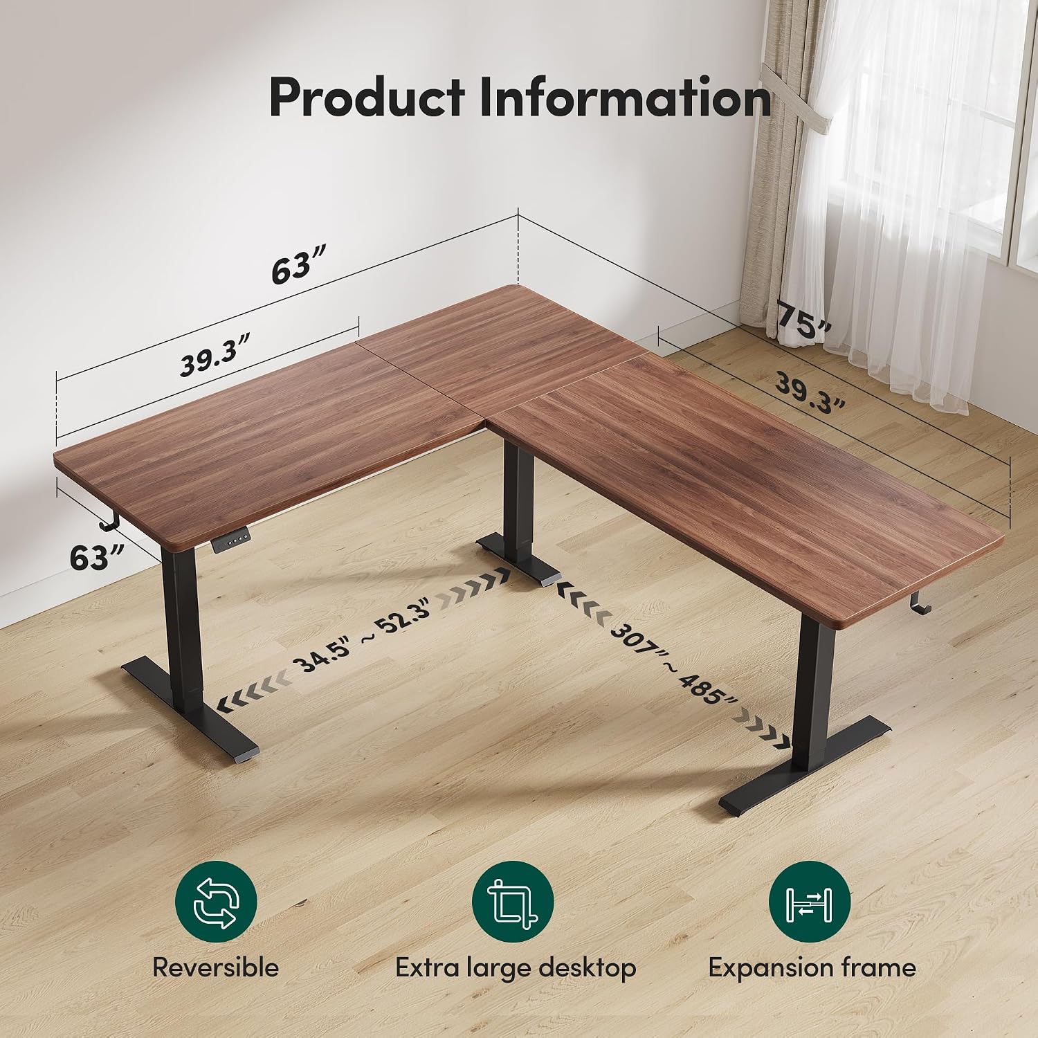 FEZIBO 63' x 55'L Shaped Standing Desk Adjustable Height, 63 Inch Electric Stand up Corner Computer Desk, Sit Stand Home Office Desk with Splice Board, Black Frame/Black Walnut Top