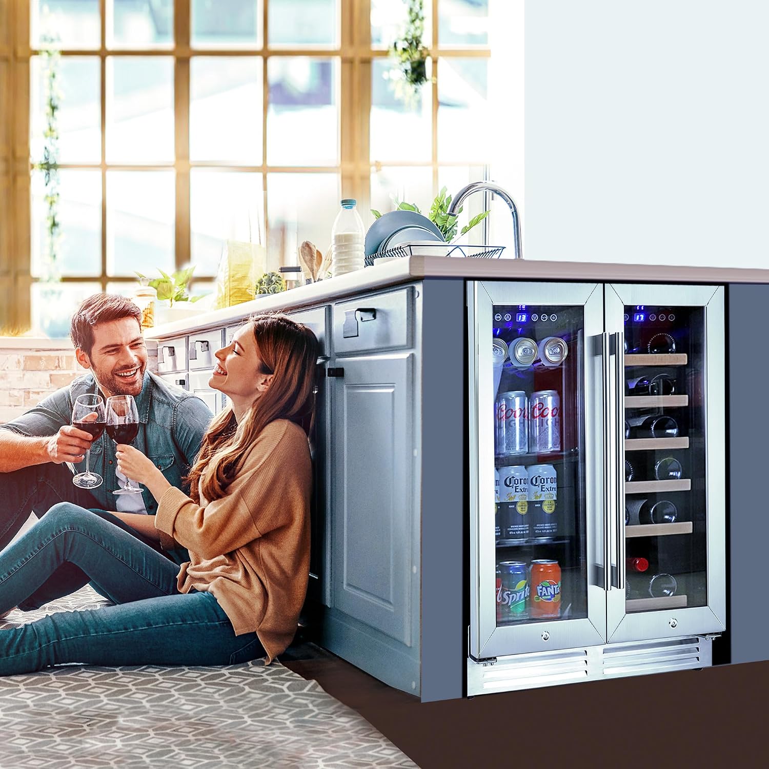 Koolatron 18 Bottle 56 Can Wine Fridge – Wine Cooler with Glass Door, 150 L Beverage Can Refrigerator, Digital Temperature Control/Dual temperature zone, Ideal for White,Red & Sparkling Wine