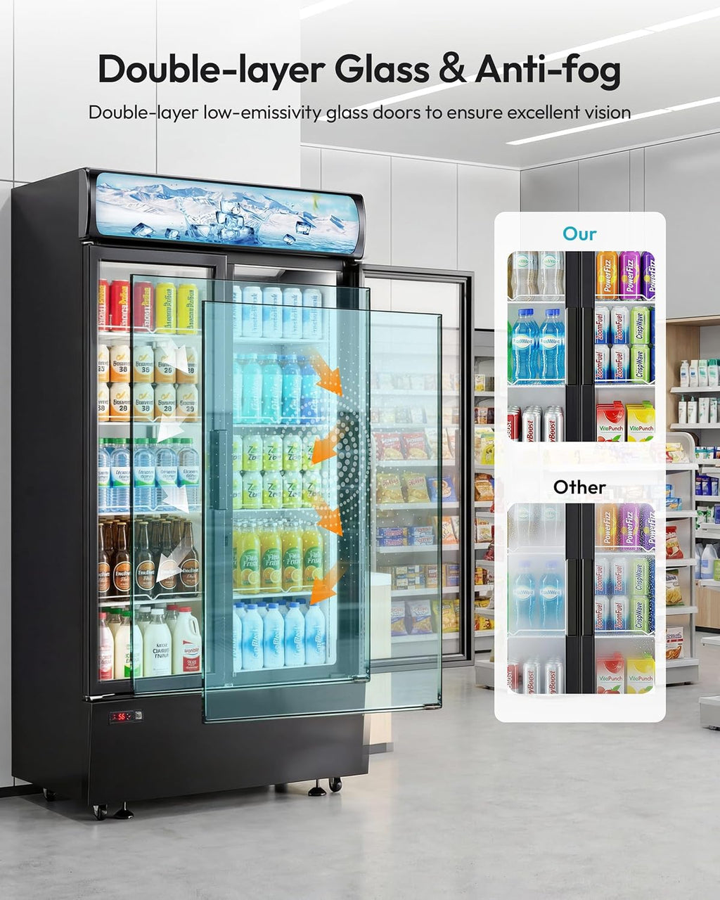 25 cu.ft Commercial Refrigerators, Beverage Cooler with LED Light, Drink Merchandiser with 8 Adjustable Shelves, 2 Glass Doors, Digital Control, ETL Certified, 32-50°FF