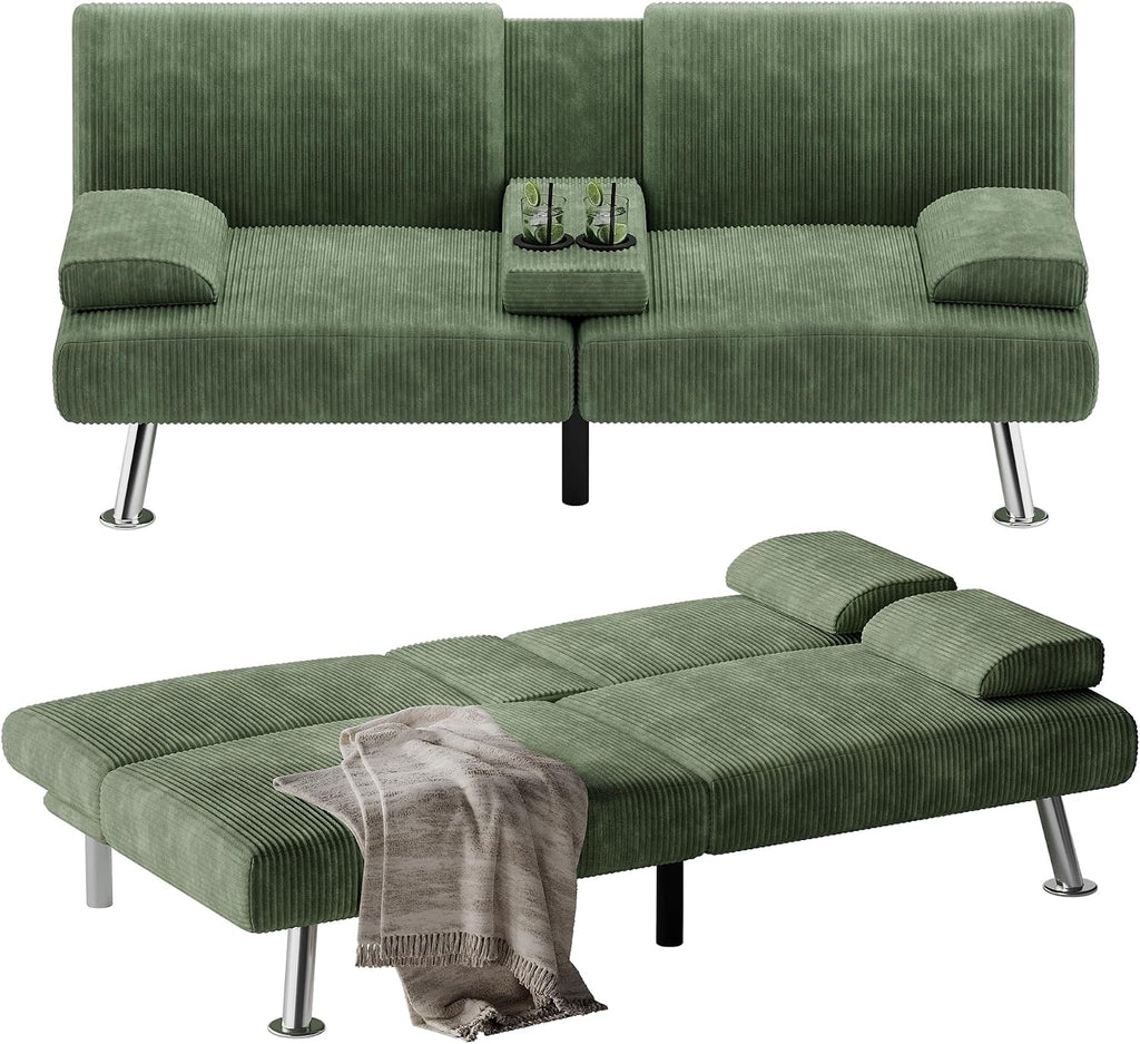Flamaker Futon Sofa Bed Corduroy Folding Couch Adjustable Sleeper Sofa Bed for Small Apartment Upholstered Living Room Furniture Set with 2 Cup Holders Removable Armrests (Corduroy, Green)
