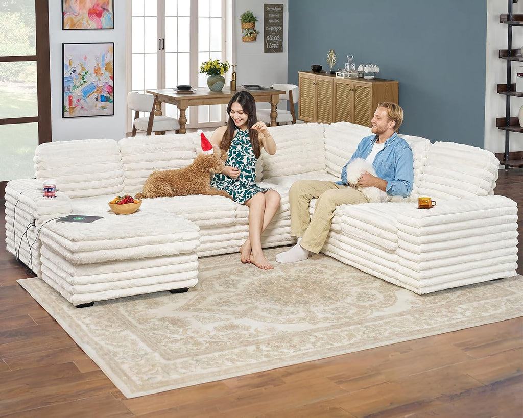 AMERLIFE 112 Inch U Shaped Couch, Oversized Couch with Storage Chaise & Cup Holders, Sectional Sofa with USB & Type-C Charging Ports, Faux Fur White Sofa