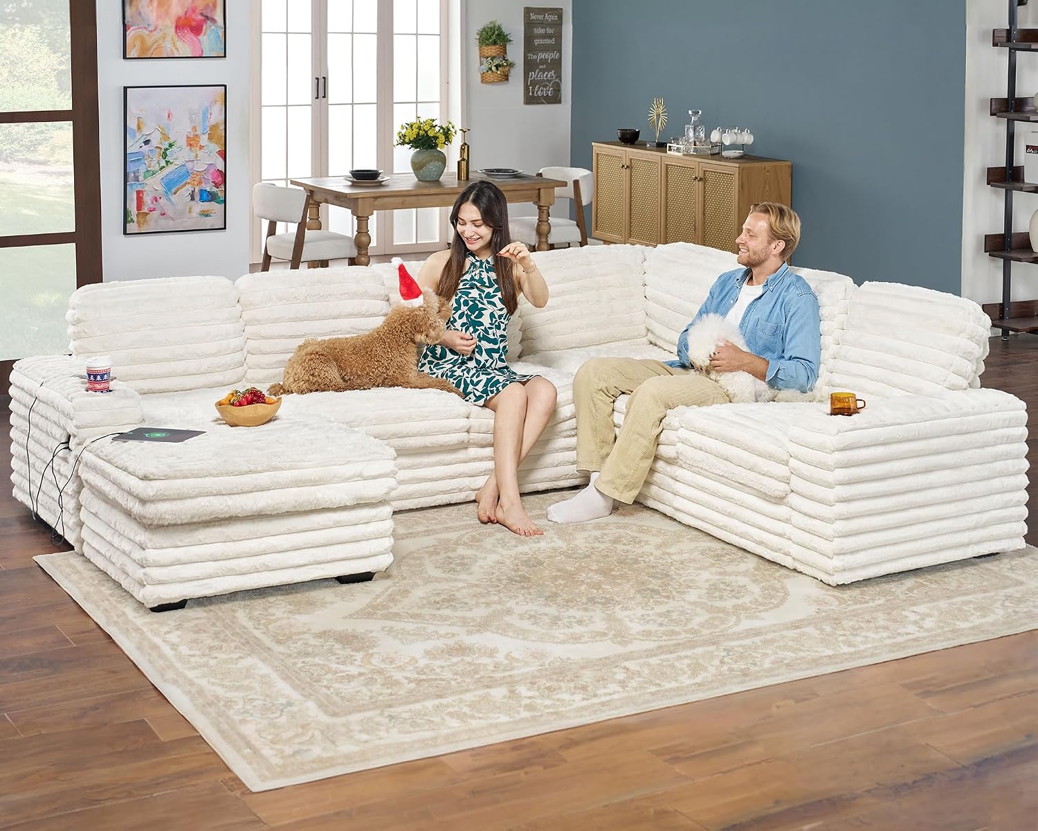AMERLIFE 112 Inch U Shaped Couch, Oversized Couch with Storage Chaise & Cup Holders, Sectional Sofa with USB & Type-C Charging Ports, Faux Fur White Sofa