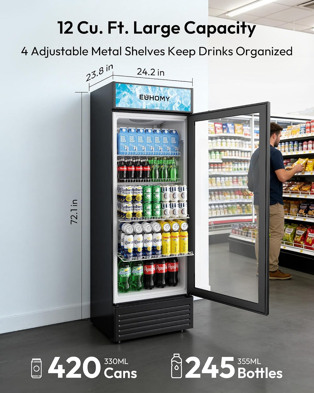 EUHOMY Commercial Refrigerator Glass Door, 12 Cu.Ft Commercial Beverage Refrigerator with Soft LED Light, Adjustable Shelves, Display Refrigerator for Restaurant Cafe Bar, ETL Listed
