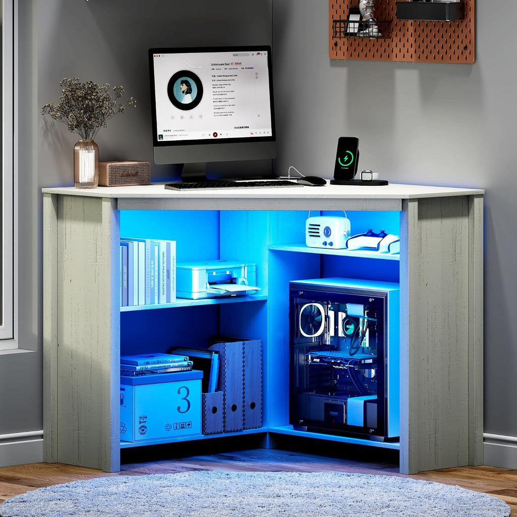 Corner Desk with Charging Station & LED Light, Triangle Computer Desk for Small Spaces with Storage Shelves & CPU Stand, Space Saving Writing & Makeup Vanity Desk -White