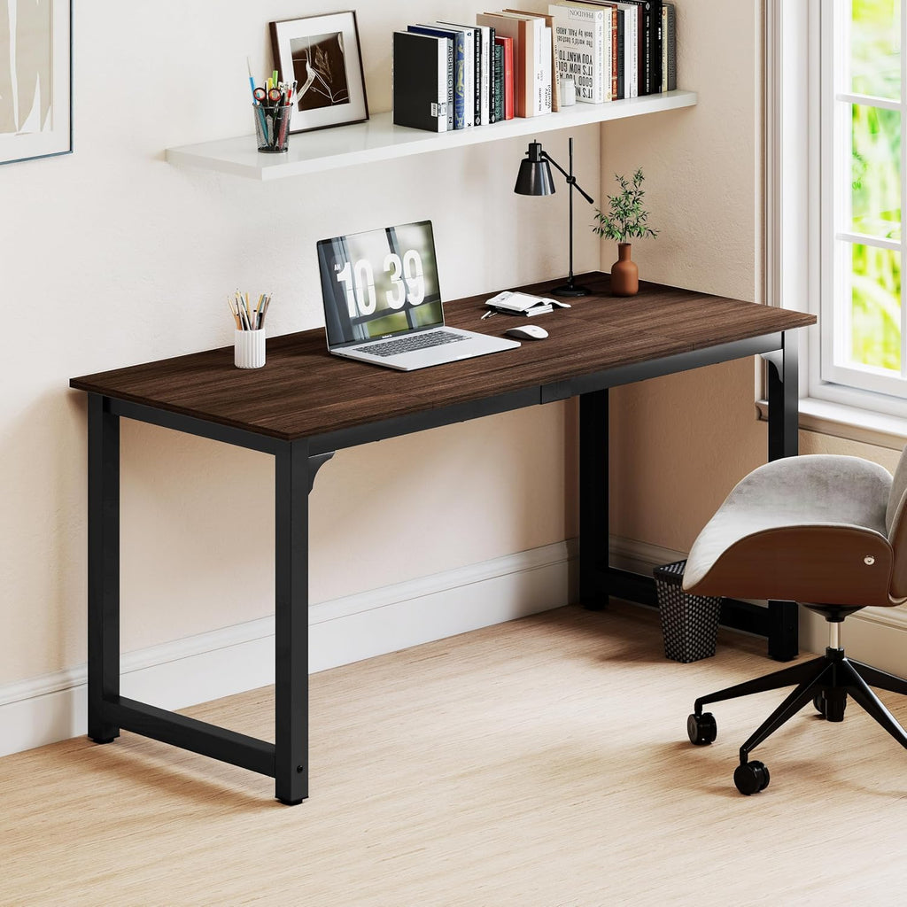 NSdirect Large Office Desk for Home Office, Large 63' Computer Desk Table, Wide Writing Study Desk for 2 Person, Metal Sturdy Frame Thicker Steel Legs, Black Chocolate