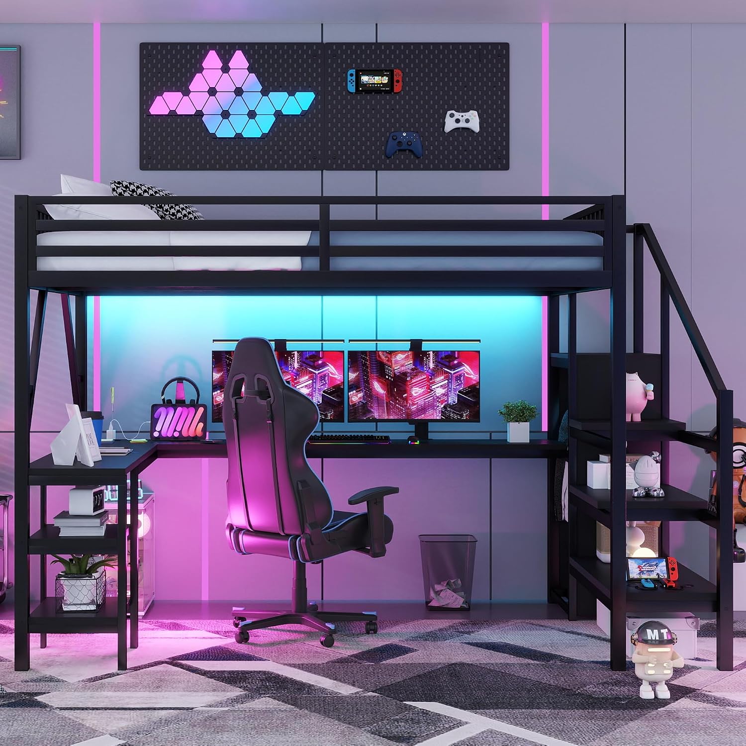 Queen Size Loft Bed with Desk & Stairs, Metal Loft Bed Frame with Storage Shelves, Charging Station & LED Light, Gaming Loft Beds with Wardrobe for Kids Teens Adults, Black