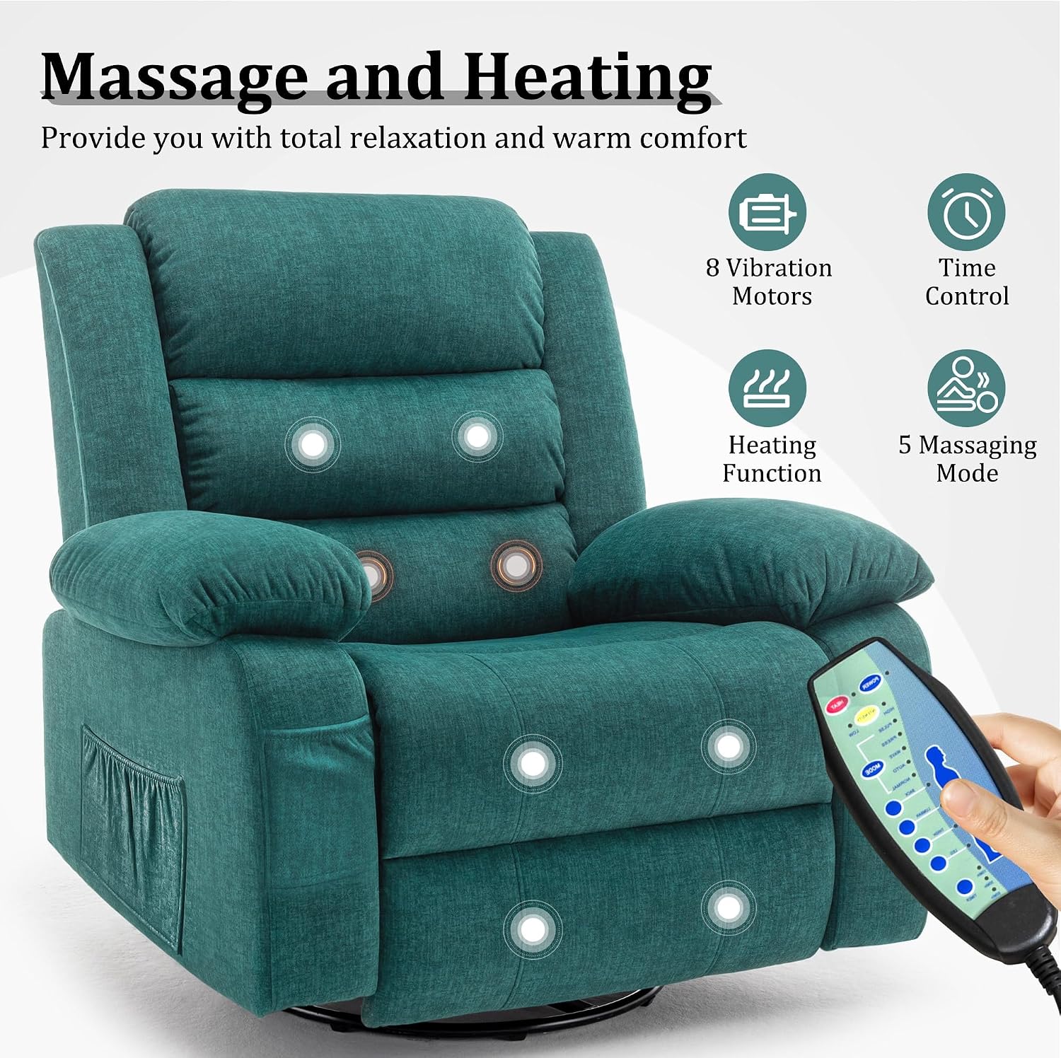 Korser Recliner Chair for Adults, Oversized 360° Swivel Rocker Recliner with Massage and Heat, Wide Nursery Glider Rocking Chair with Side Pockets, Cashmere Reclining Sofa for Living Room (Green)