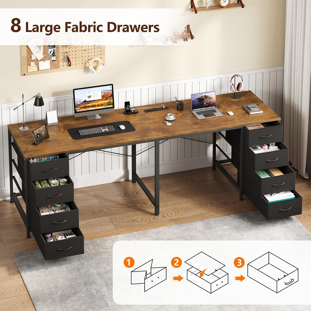 TVU 2 Person Desk with 8 Drawers, Large Home Office Computer Desk with Power Outlets, 78 Inch Long Double Desks for Two People, Rustic Brown
