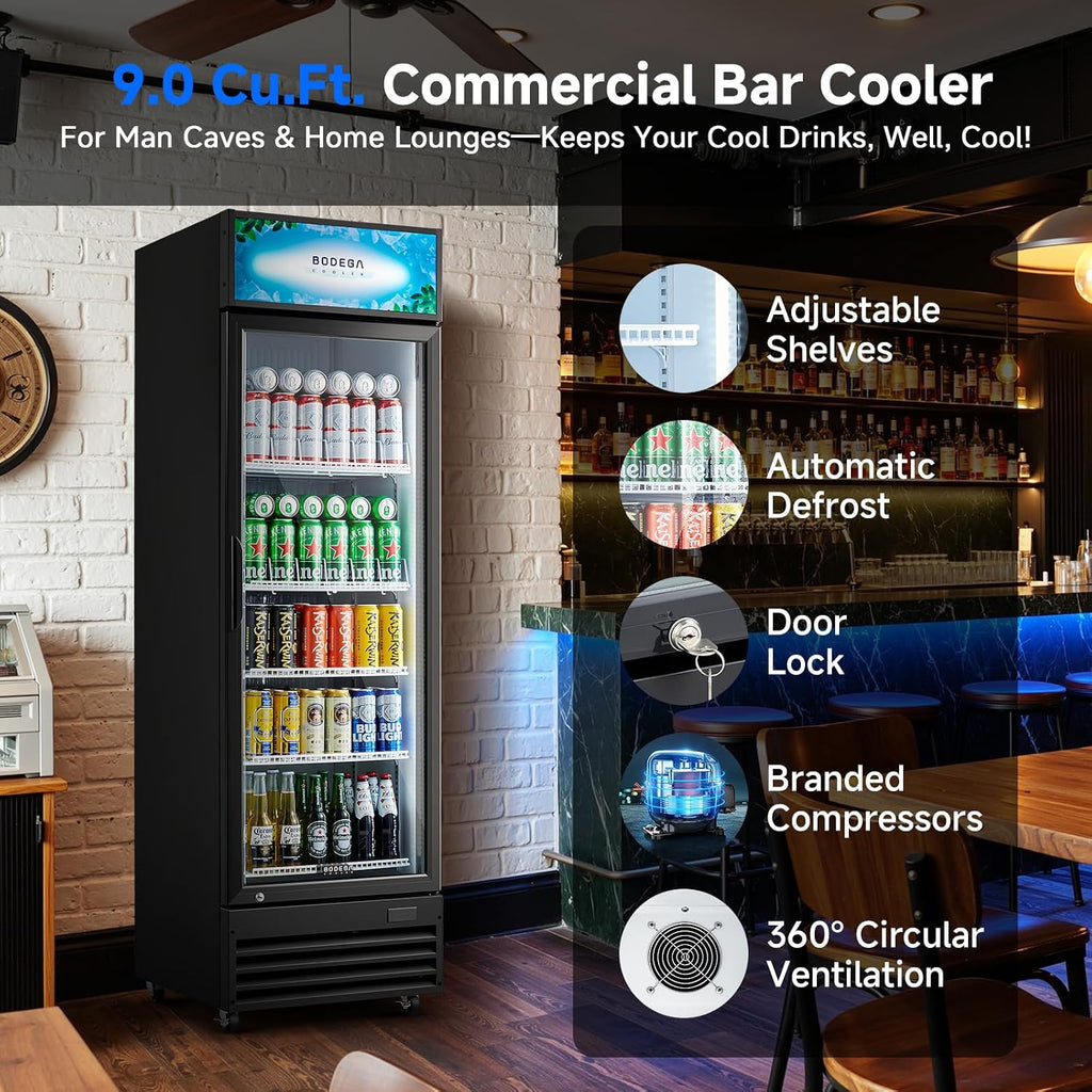 BODEGA COOLER 9 Cu. Ft Commercial Merchandiser Refrigerator with Glass Door & LED Light | Energy-Saving Beverage Display refrigerator, 32°F-50°F Temp, 4 Adjustable Shelves, Lock for Office/Bar/Kitchen