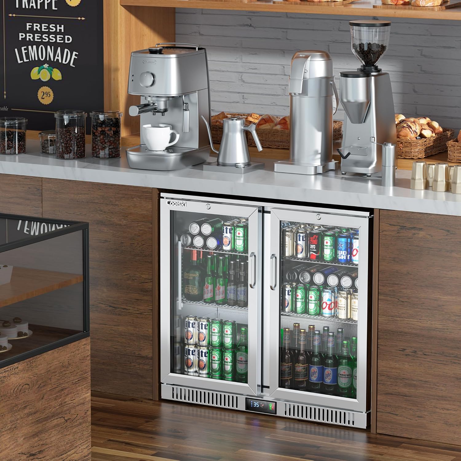 Coolski 36 Inch Back Bar Cooler, Under Counter Beverage Refrigerator with Glass Doors, Commercial Counter Height Display Fridge for Beer Soda, 7.4 Cu.Ft. Capacity/LED Lighting/ETL NSF Approved