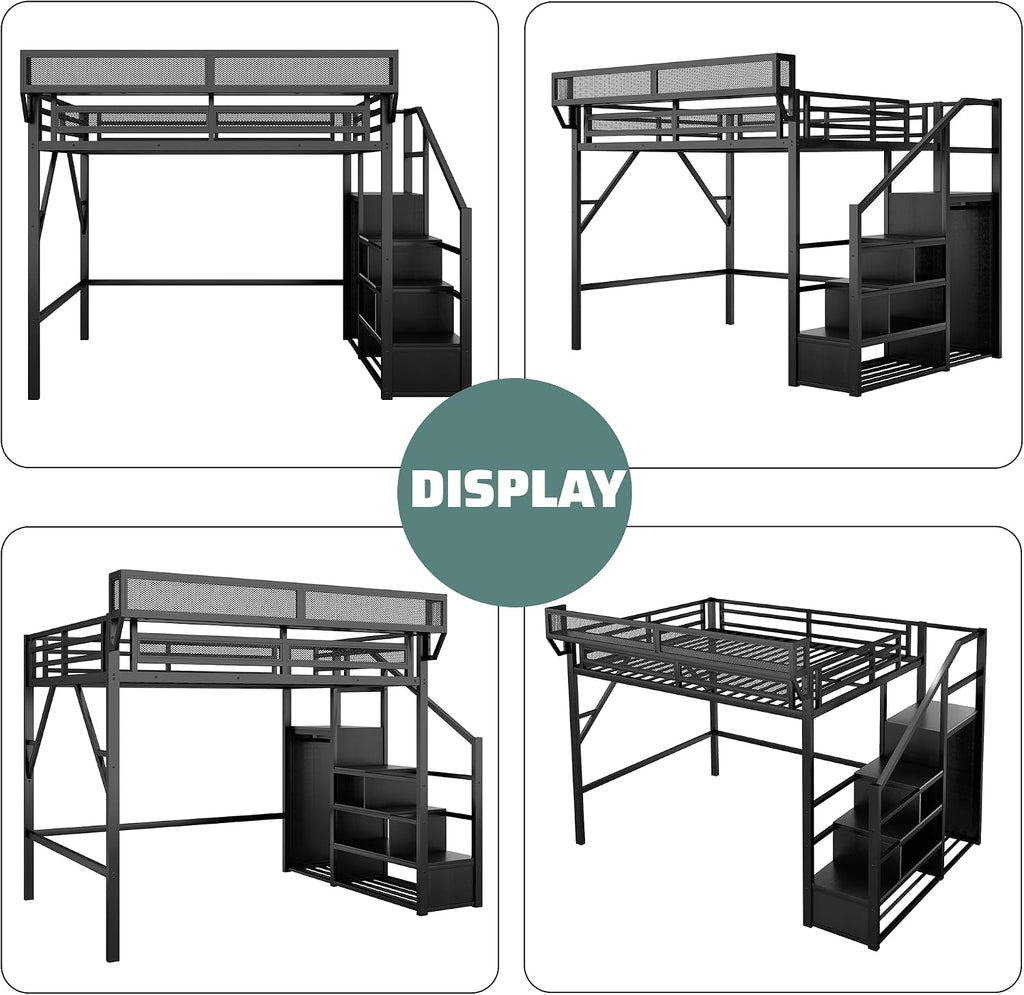 Queen Size Loft Bed Frame for Adults,Metal Queen Lofts Bed with Stairs & Storage Shelf, Heavy Duty High LoftBed with Wardrobe for Teens,Girls Boys, Black +Black Stair