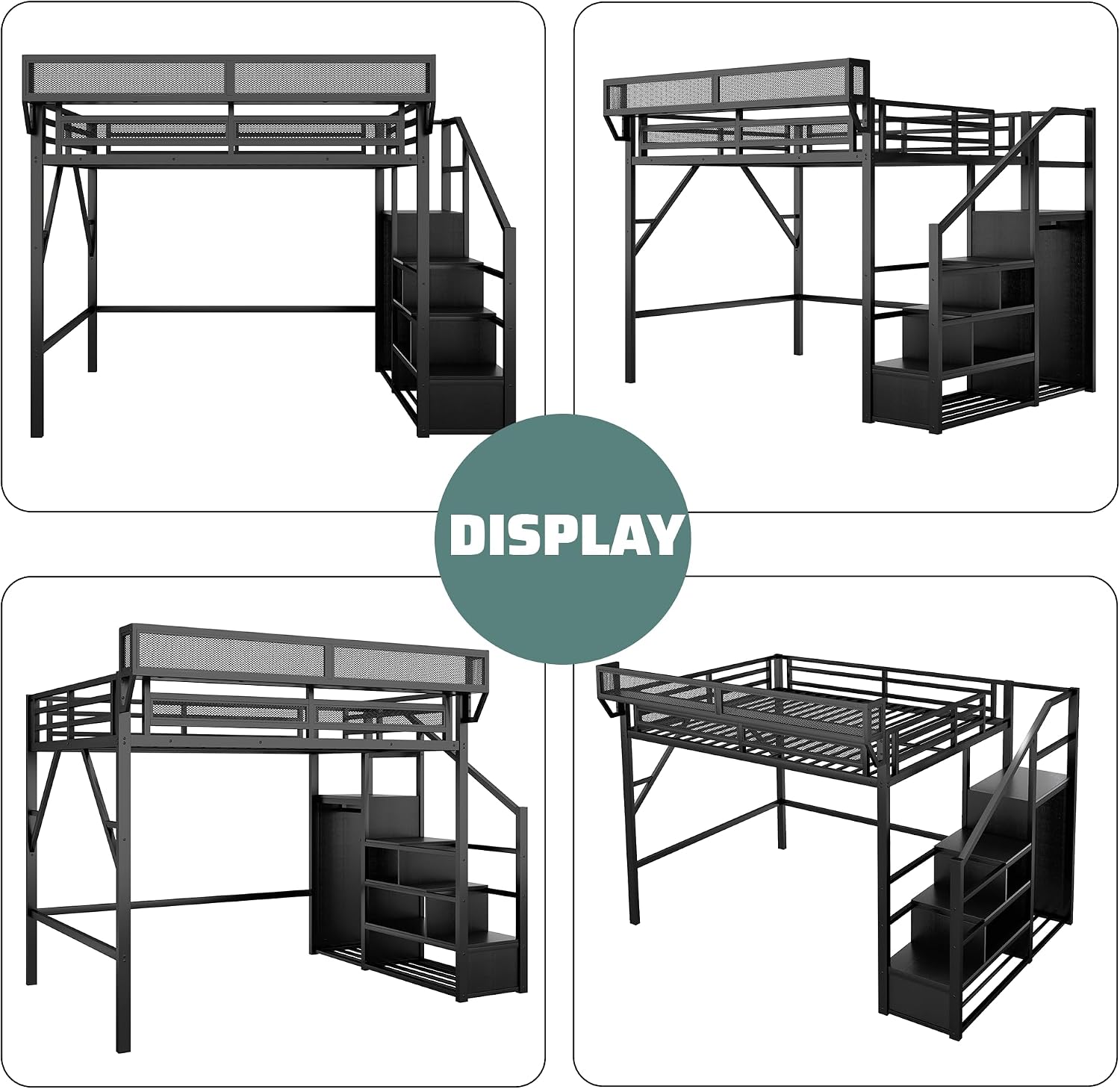 Queen Size Loft Bed Frame for Adults,Metal Queen Lofts Bed with Stairs & Storage Shelf, Heavy Duty High LoftBed with Wardrobe for Teens,Girls Boys, Black +Black Stair