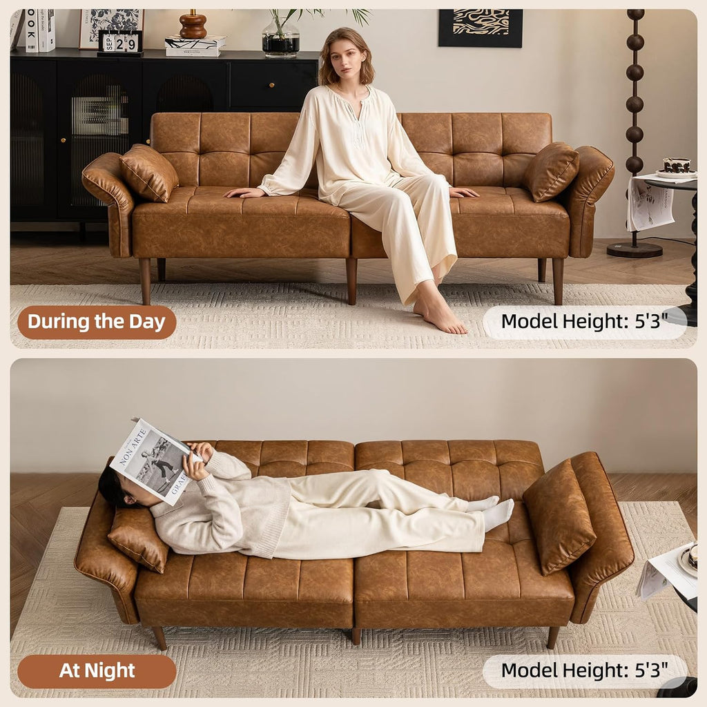 HALLYBEE 85' Futon Sofa Bed, Sleeper Sofa, Small Couch with Storage Adjustable Armrests Pillows, Faux Leather Loveseat, Mid Century Modern Couches for Living Room, Bedroom, Apartment, Brown