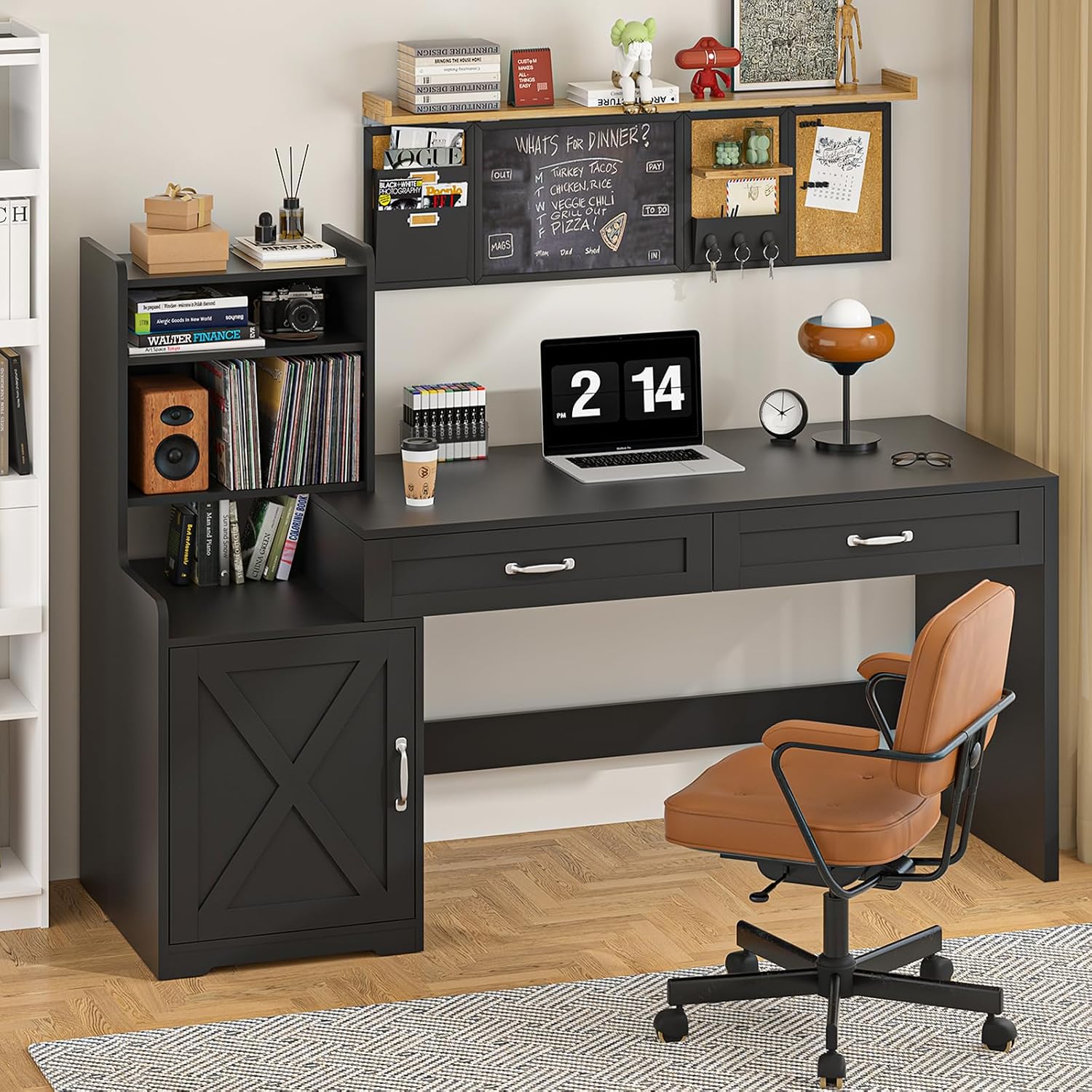 YOMILUVE 60' Computer Desk with 2 Drawer & Bookshelves, Home Office Desk with Storage Cabinet & Spacious Desktop, Writing Gaming Study Table with Bookcase, Black