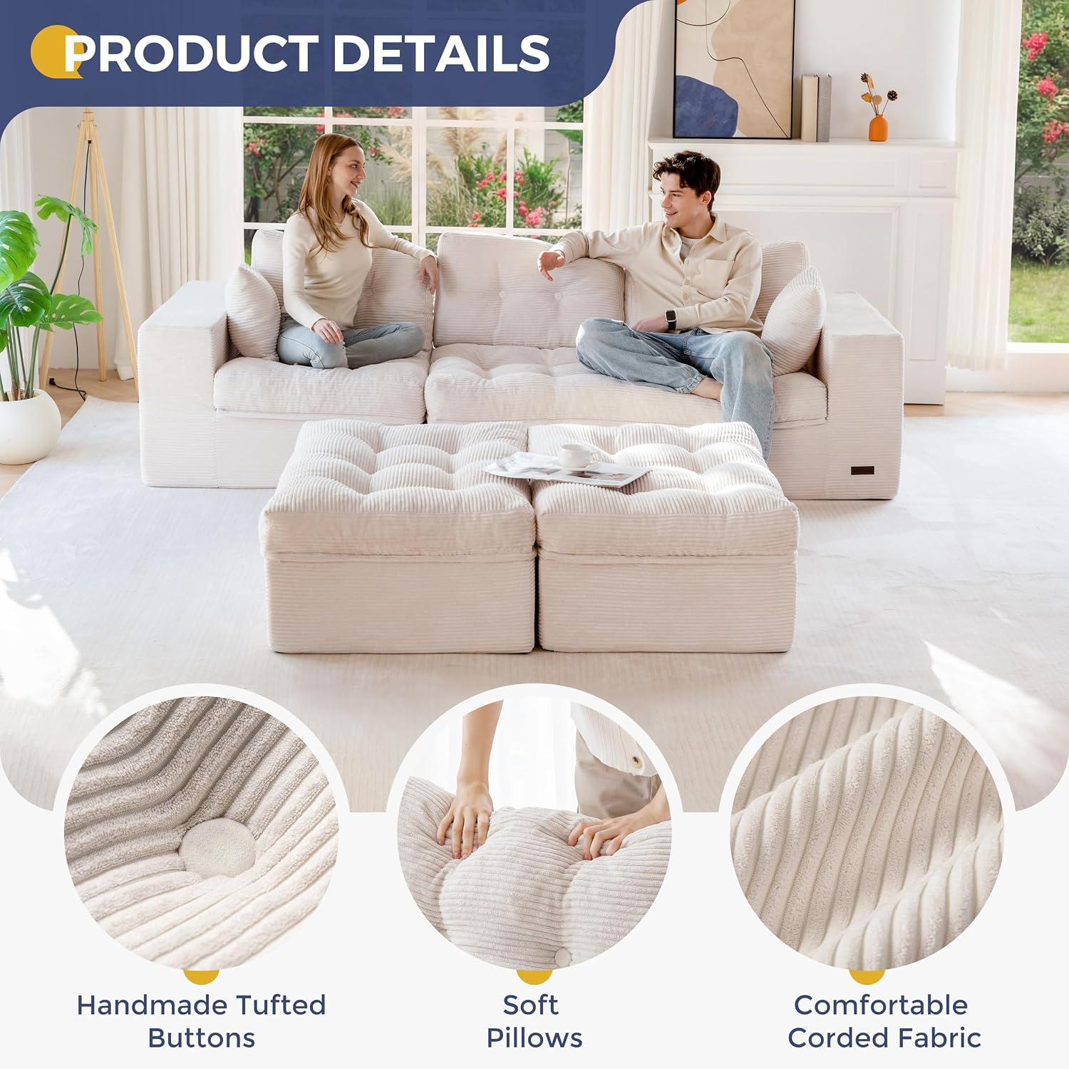 MAXYOYO 104' U Shaped Modular Sectional Sofa with 2 Ottomans, Cloud Boneless Couch with Layered Cushion, Flexible Module Combination Sofa for Living Room, No Assembly Required, Beige