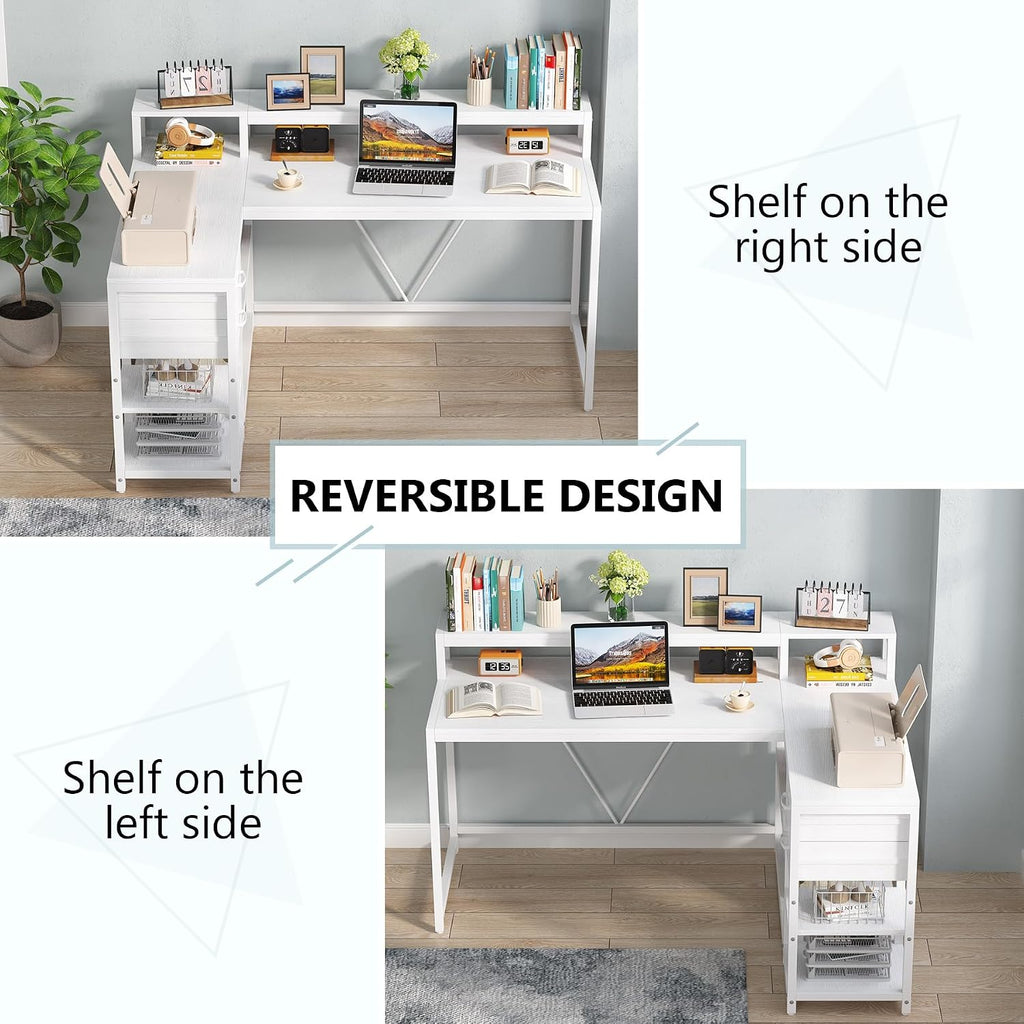 Tribesigns 55-inches Reversible L Shaped Desk with Drawer, Modern White L Corner Desk Home Office Table with Storage Shelves and Monitor Stand, Wooden and Metal PC Desk for Small Space