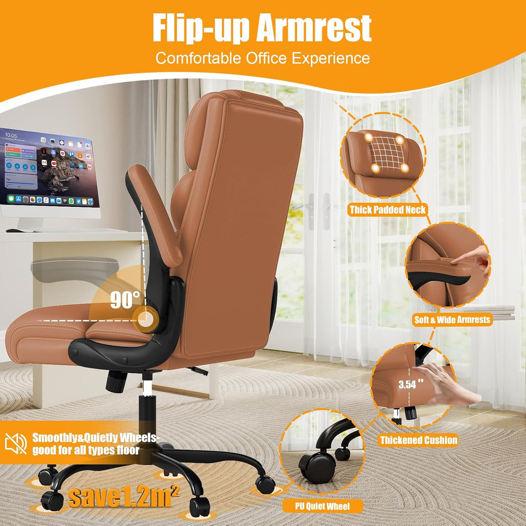 Executive Office Chair with Flip-up Armrests,Ergonomic Computer Desk Chairs,Mid-Tall Back Leather Office Chair 400 Lbs,Lumbar Support Swivel PC Chair with Rocking Function