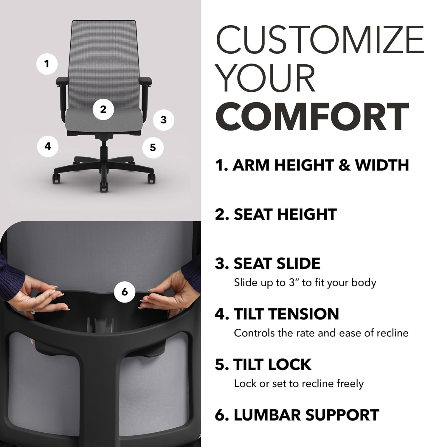 HON Ignition 2.0 Mid‑Back Ergonomic Office Chair, Mesh Task Seating with Lumbar Support, Advanced Synchro‑Tilt, Height and Width Adjustable Arms, Black Frame, Frost