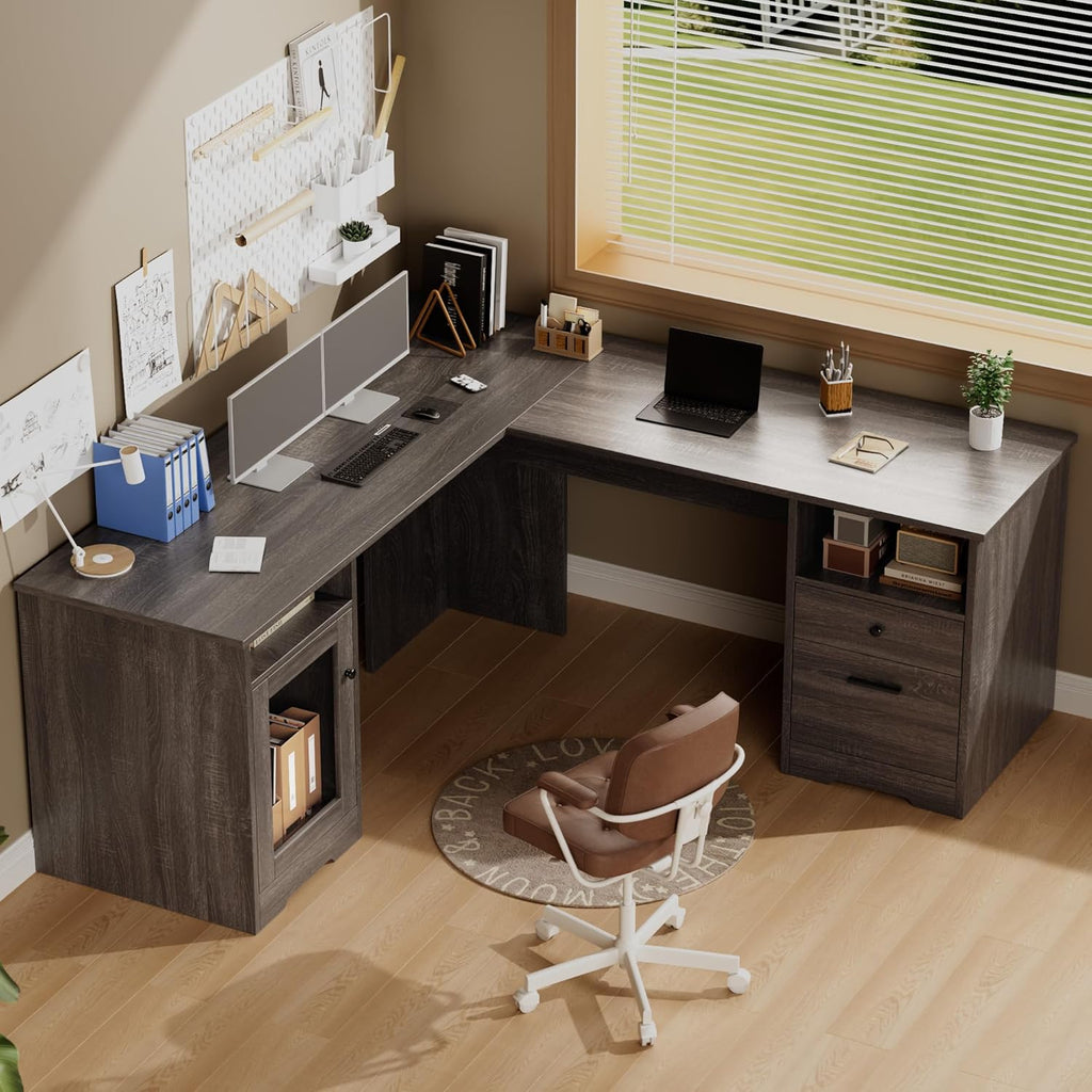MU L Shaped Desk with File Drawer, 60 Inch Corner Desk with Storage Drawers & Cabinet, Large Home Office Desk with Power Outlets, Wood Executive Office Desk, Grey