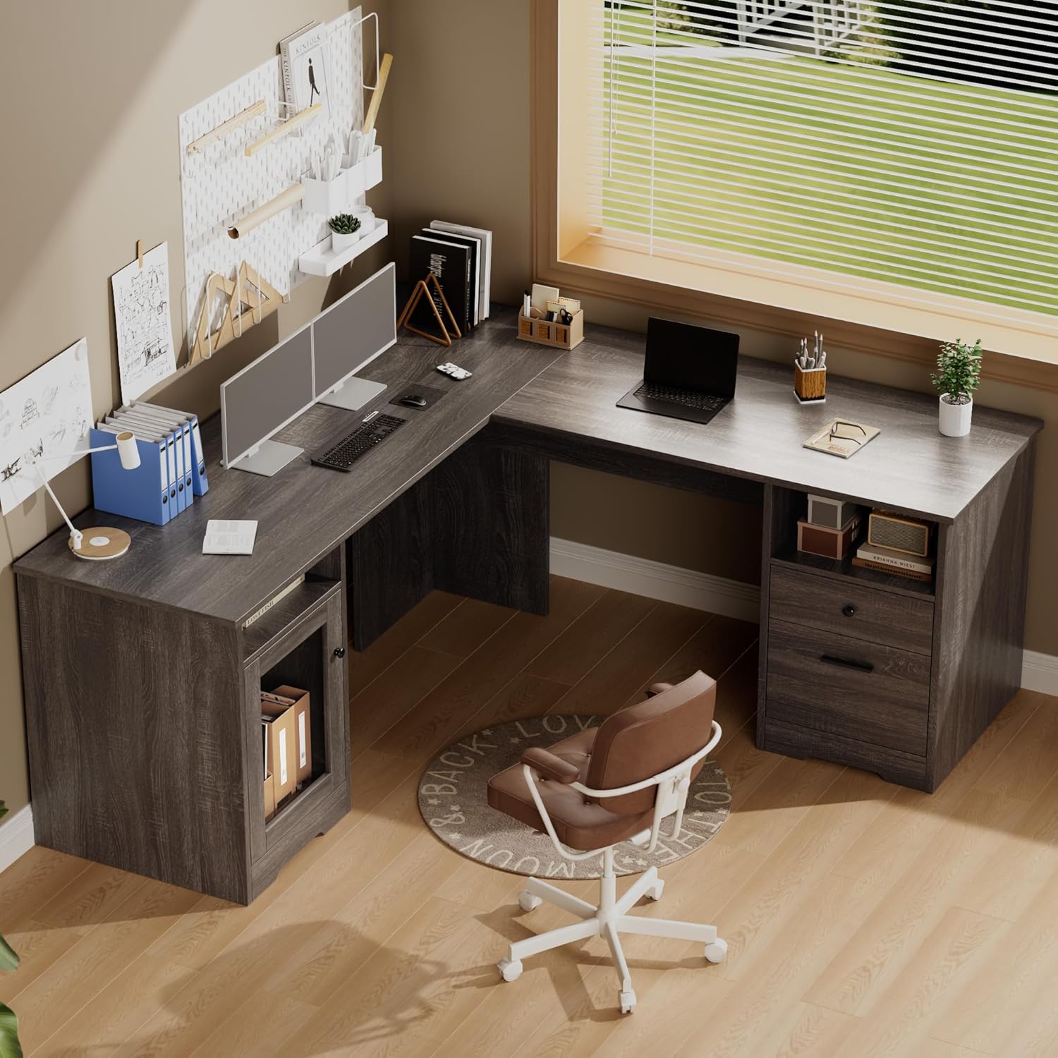MU L Shaped Desk with File Drawer, 60 Inch Corner Desk with Storage Drawers & Cabinet, Large Home Office Desk with Power Outlets, Wood Executive Office Desk, Grey