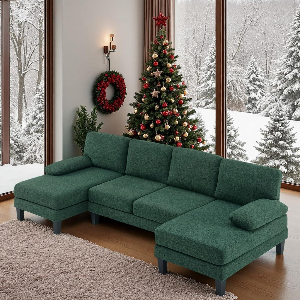 VINGLI 110' U-Shaped Sectional Couch with Two Chaise, Affordable Small Sofa with 4 Seats, Chenille Fabric Comfy Couches for Living Room, Dark Green