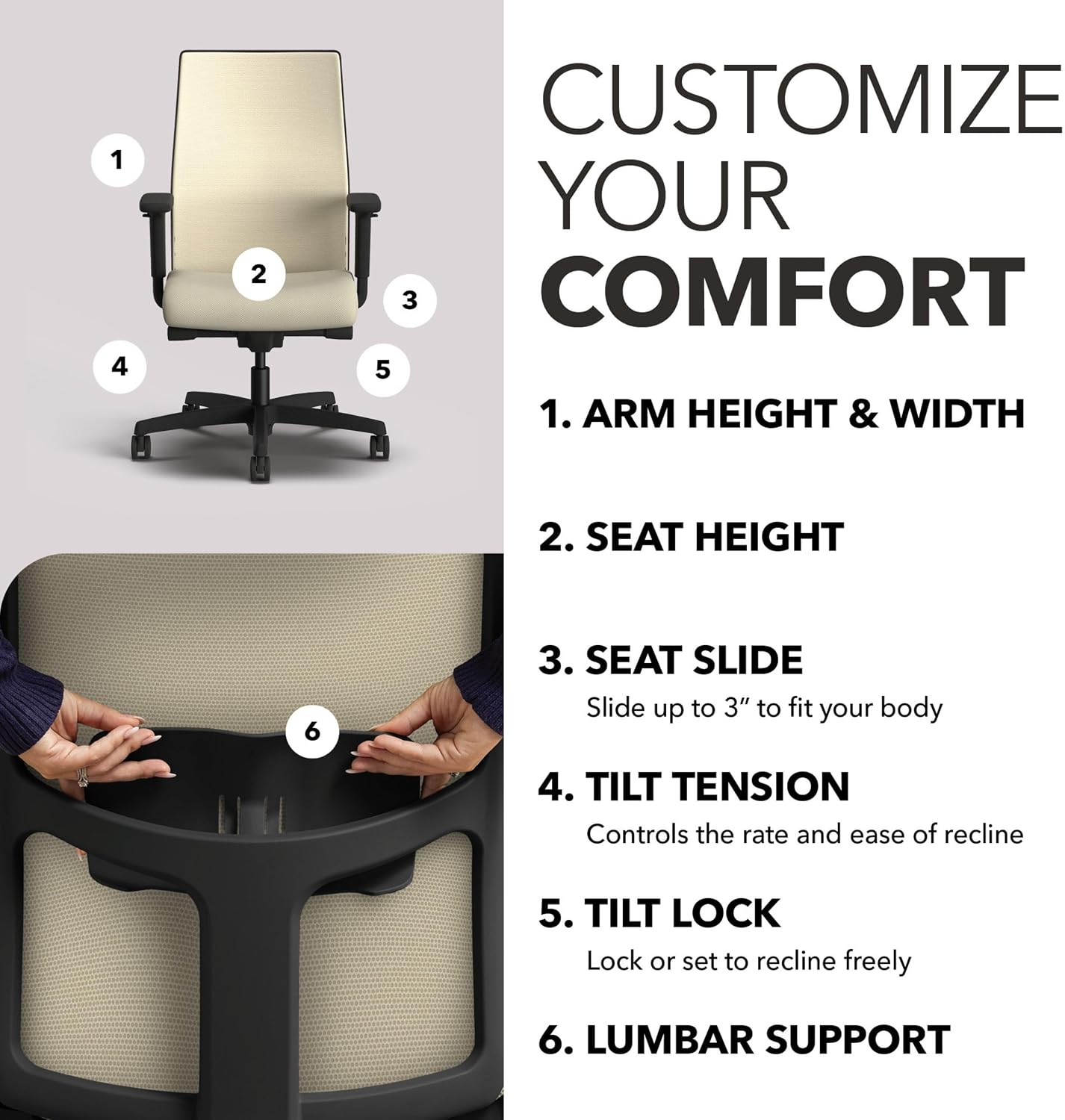HON Ignition 2.0 Mid Back Task Chair, Spectrum Mesh, Advanced Synchro-Tilt Control, Office Chair with Lumbar Support, Height and Width Adjustable Arms, Black Frame, Linen