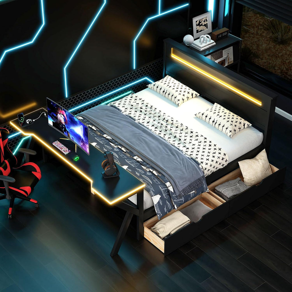 Harper & Bright Designs Full Size Gaming Loft Bed with Charging Station & LED Headboard, Built-in Desk with Outlets & USB/Type-C Ports, 2 Storage Drawers for Modern Living, Black