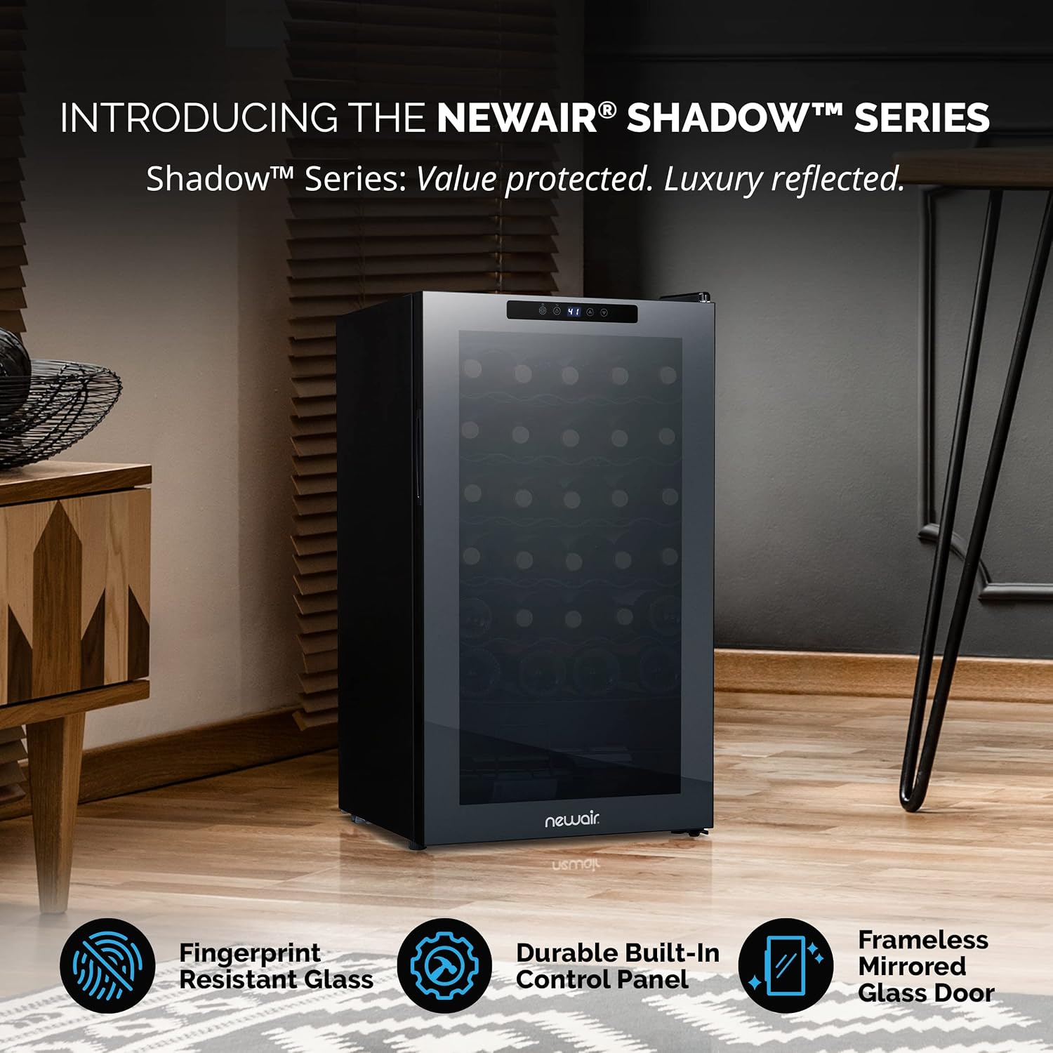 Newair 34 Bottle Wine Cooler Refrigerator | Shadow Series | Freestanding Mirrored Wine and Beverage Fridge with Double-Layer Tempered Glass Door & Compressor Cooling For Reds, Whites, & Sparkling Wine