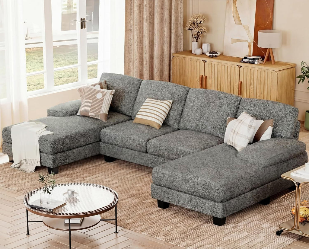 JUMMICO Sectional Couches for Living Room, U Shaped Couch with Chenille Fabric, 4 Seat Modern Sofa with Removable Pillows for Apartment and Small Space (Loop Yarn, Pearl Gray)