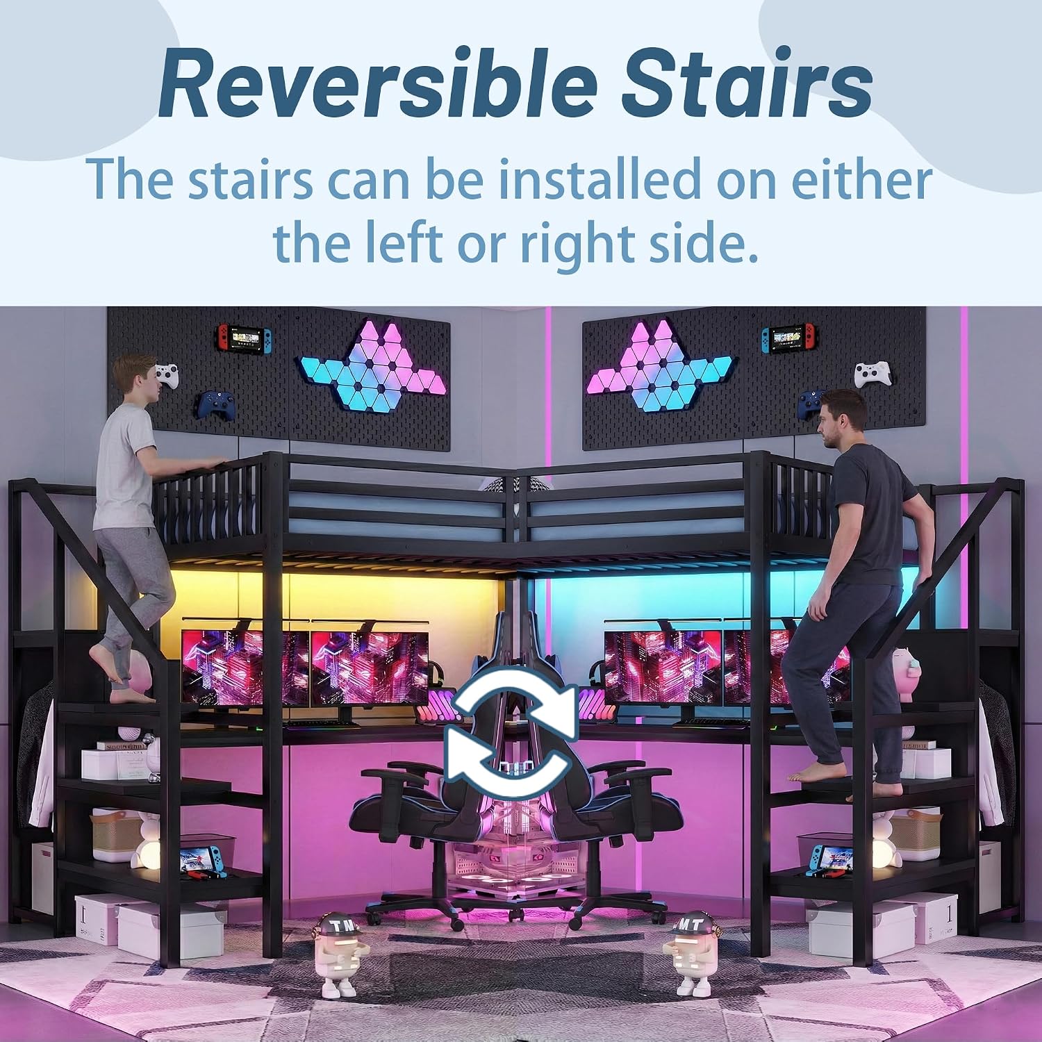 Full Size Loft Bed with Desk & Stairs, Metal Loft Bed Frame with Storage Shelves, Charging Station & LED Light, Gaming Loft Beds with Wardrobe for Kids Teens Adults, Black