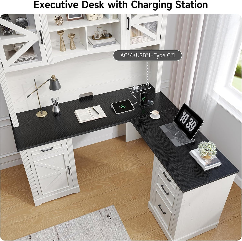 ONBRILL 72' L-Shaped Executive Desk with Hutch, Farmhouse L-Shaped Computer Desk with 4 Drawers, File Drawer and Power Outlet, Home Office Computer Desk for Living Room,Study Room (Off White& Black)
