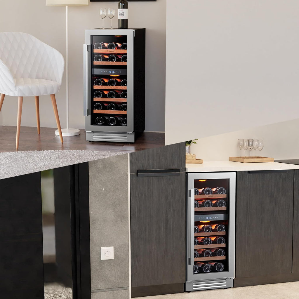 Ca'Lefort 15 Inch Wine Fridge, 28 Bottle Wine Cooler Refrigerator, 40-65°F Wine Refrigerator Glass Door, 3 LED Dual Zone Wine Fridge, Built-in or Freestanding Fridge for Home/Bar/Kitchen (3.0 cu.ft)