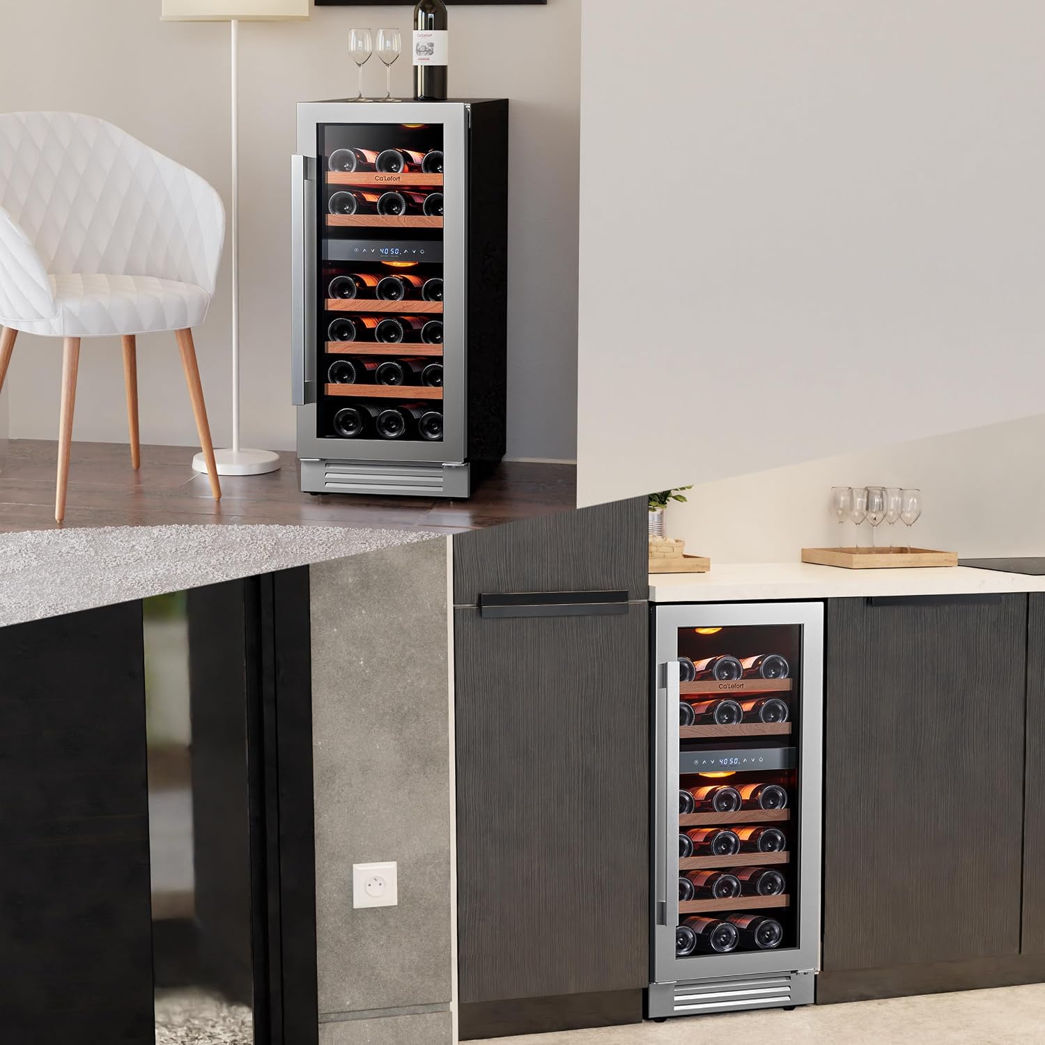 Ca'Lefort 15 Inch Wine Fridge, 28 Bottle Wine Cooler Refrigerator, 40-65°F Wine Refrigerator Glass Door, 3 LED Dual Zone Wine Fridge, Built-in or Freestanding Fridge for Home/Bar/Kitchen (3.0 cu.ft)
