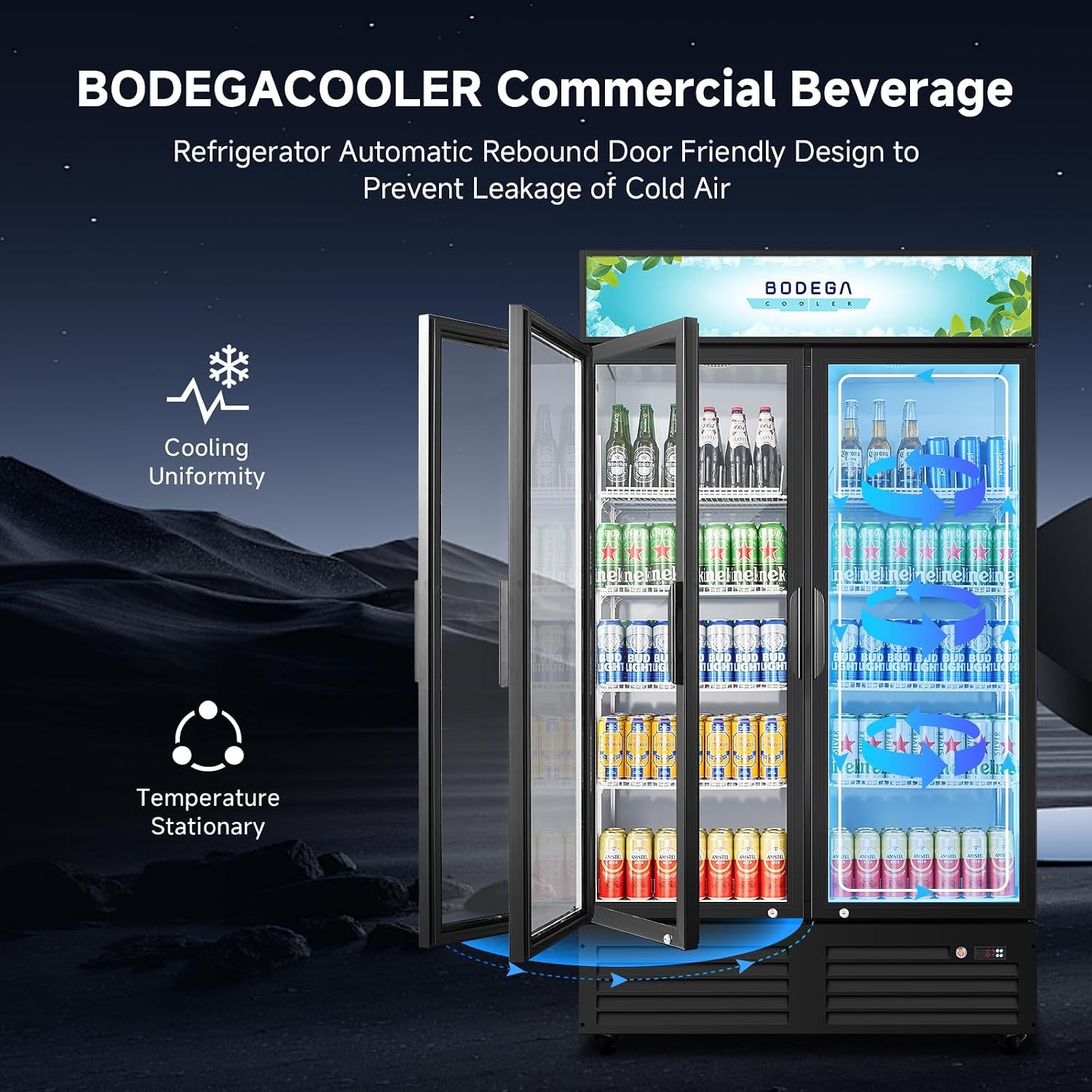 BODEGACOOLER Commercial Merchandiser Refrigerator,2 Glass Door Commercial Beverage Refrigerator, Beverage Display Cooler with Soft LED Light, Adjustable Shelves and 4 Strong Castors, 35.4 Cu. Ft,Black