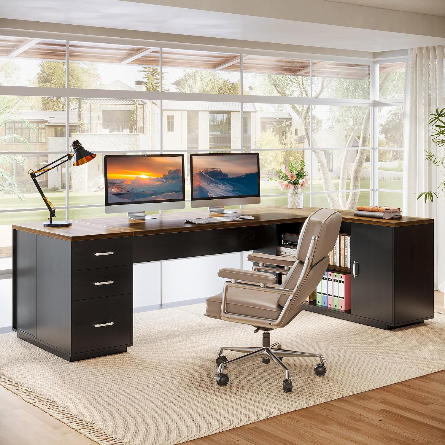 Tribesigns 85.8-Inch L-Shaped Executive Desk with File Drawers, Door Cabinet & Shelves, Extra Large Commercial Office Desk, Modern Professional Office Table, Business Furniture, Warm Brown & Black