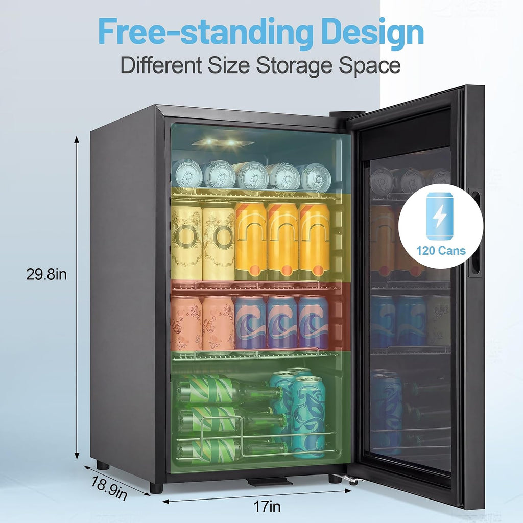 Beverage Refrigerator Cooler, 17 Inch 120 Cans Freestanding Mini Fridge with Glass Door, Adjustable Shelves and LED Light, Small Drink Fridge Counter-top Beer Fridge for Bedroom Office Bar