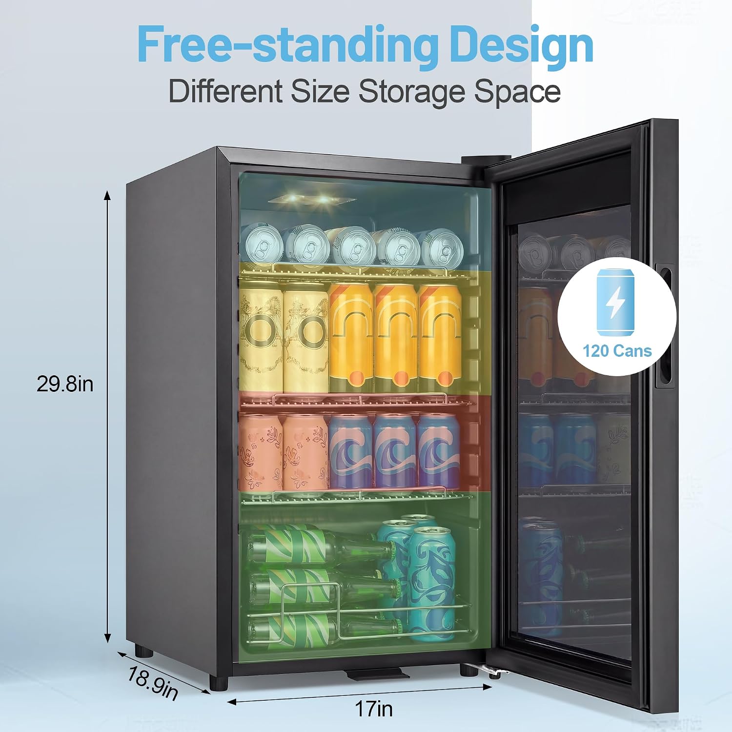 Beverage Refrigerator Cooler, 17 Inch 120 Cans Freestanding Mini Fridge with Glass Door, Adjustable Shelves and LED Light, Small Drink Fridge Counter-top Beer Fridge for Bedroom Office Bar