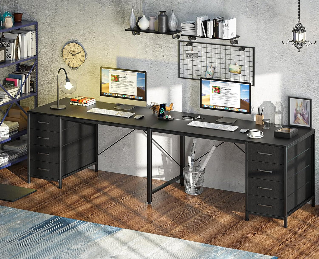 TVU 95' 2 Person Desk with 8 Drawers, Large Writing Home Office Desks with Outlets, I Shaped Workstation Double Desk Drawer Organizers