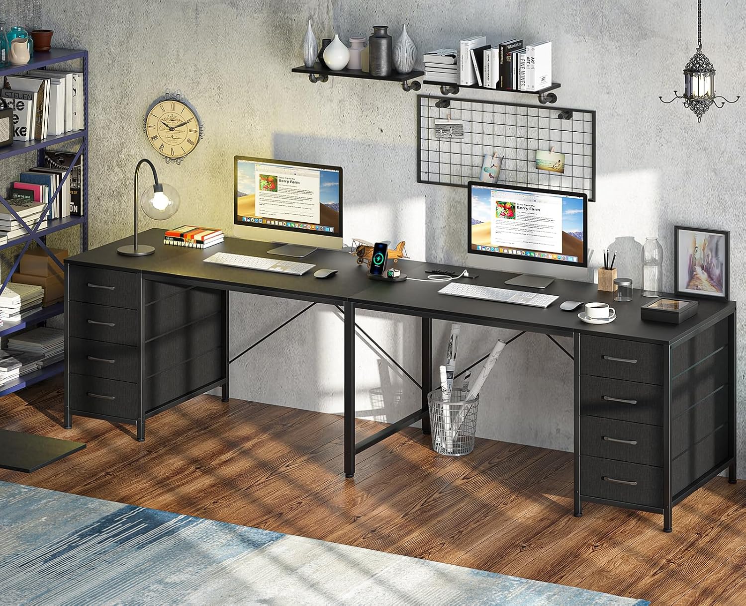 TVU 95' 2 Person Desk with 8 Drawers, Large Writing Home Office Desks with Outlets, I Shaped Workstation Double Desk Drawer Organizers