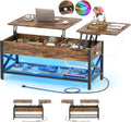 Aheaplus Coffee Table with LED Light and Power Outlet, Modern Lift-Top Center Table with Storage Shelf, for Living Room with Lift Tabletop, X Support Metal Frame, Rustic Brown