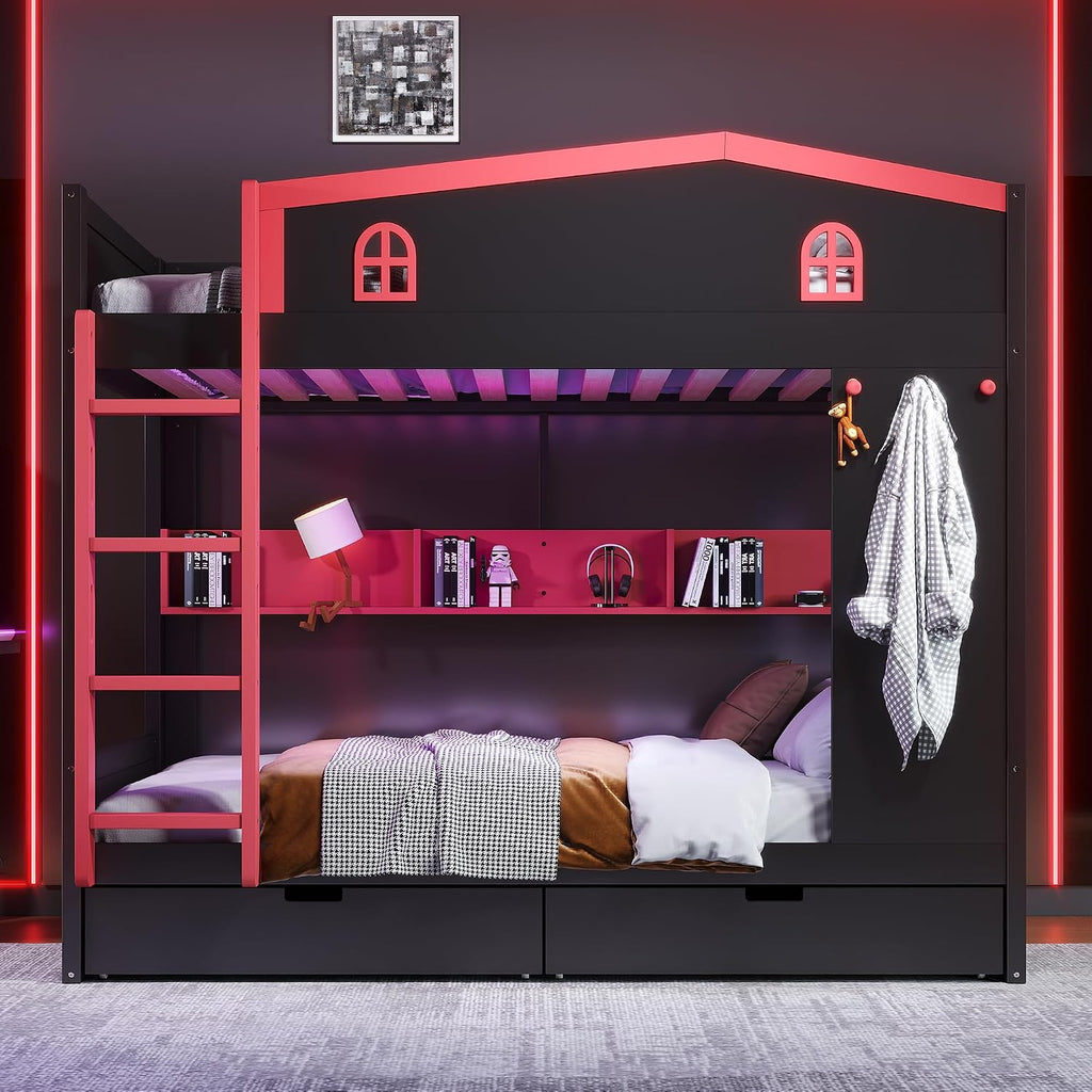 Queen Over Queen Bunk Bed with Storage Drawers, Hooks and Storage Shelves, Solid Wood Bunk Beds for Kids Teens, Bedroom Space-Saving Furniture (Black+Red/D)