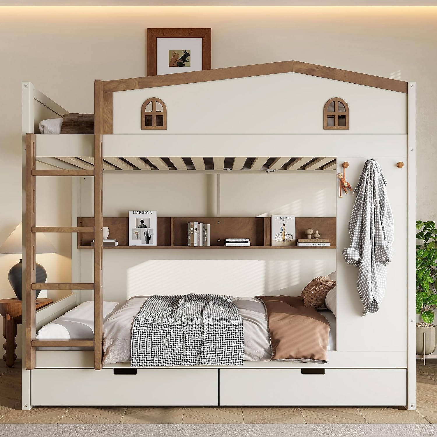 Queen Over Queen Bunk Bed with Storage Drawers, Hooks and Storage Shelves, Solid Wood Bunk Beds for Kids Teens, Bedroom Space-Saving Furniture (Beige+Natural/D)