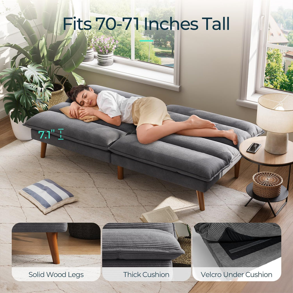 LINSY HOME Futon Sofa Bed - Convertible Corduroy Futon Couch Bed with Adjustable Backrest, Modern Small Loveseat Sleeper Sofa for Small Spaces, Living Room, Apartment or Office (Grey)